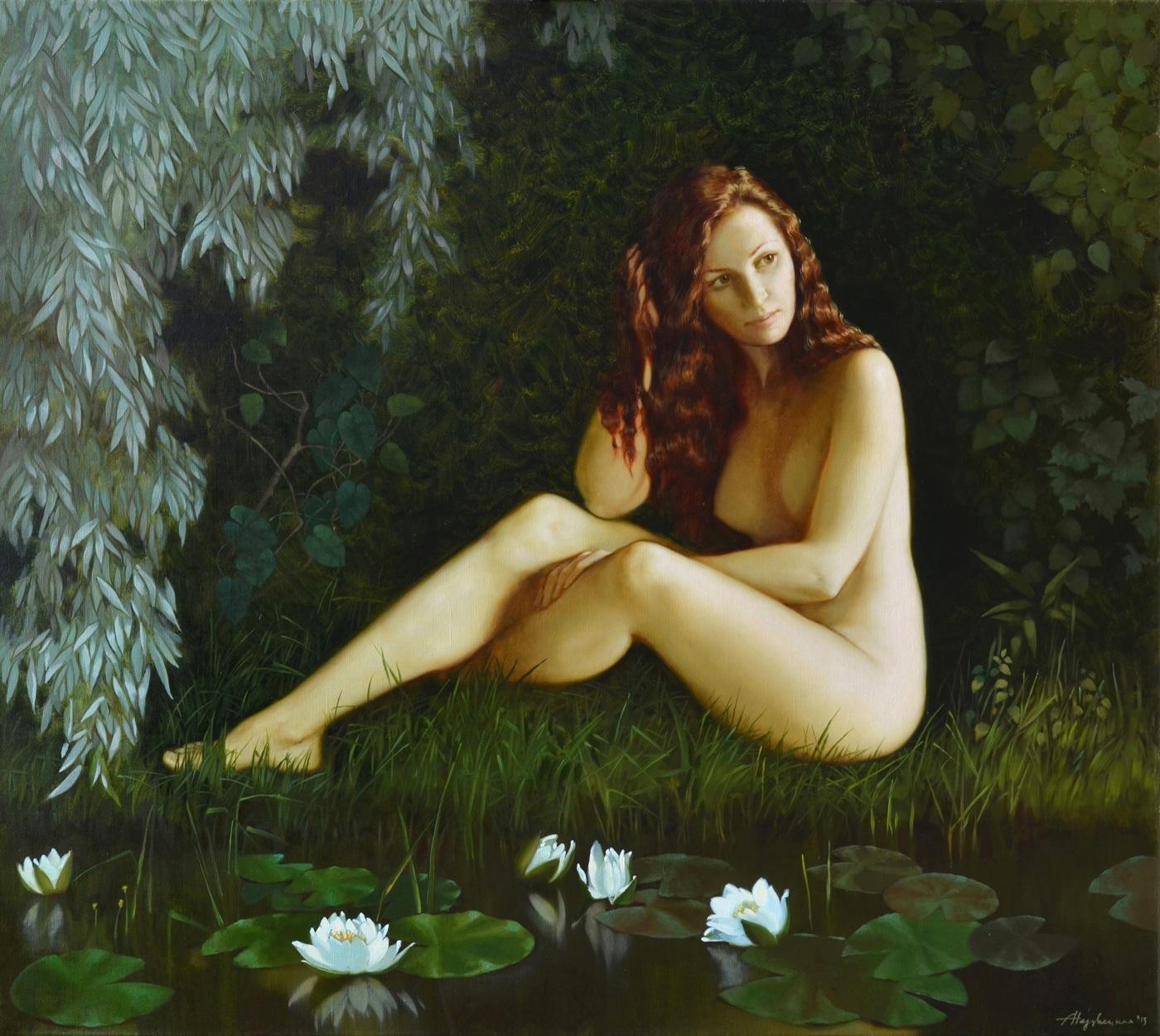 Nymph at the pond. Original modern art painting