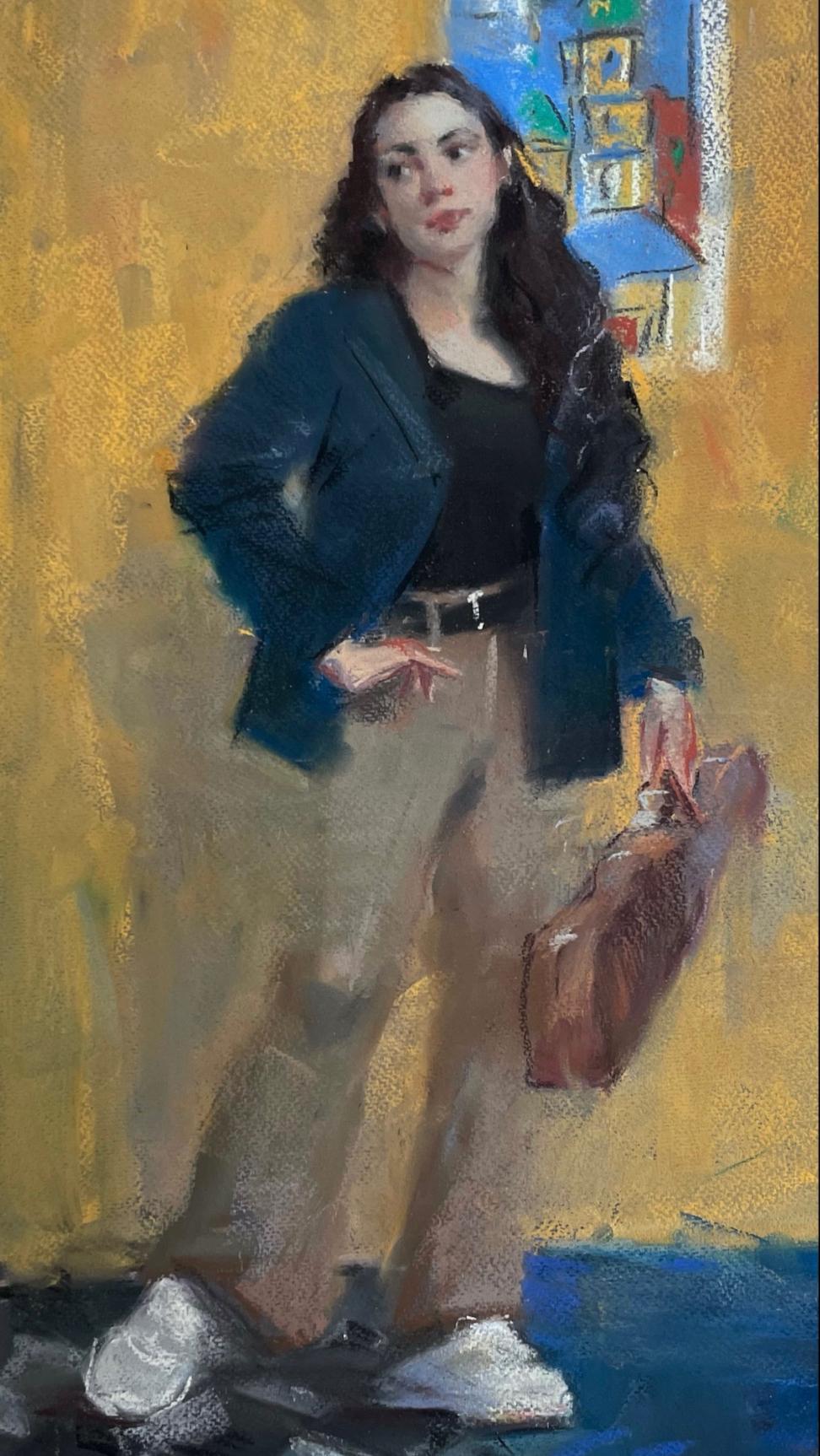 girl on yellow. Original modern art painting