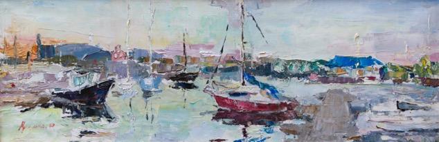 Yachts in the bay. . Original modern art painting