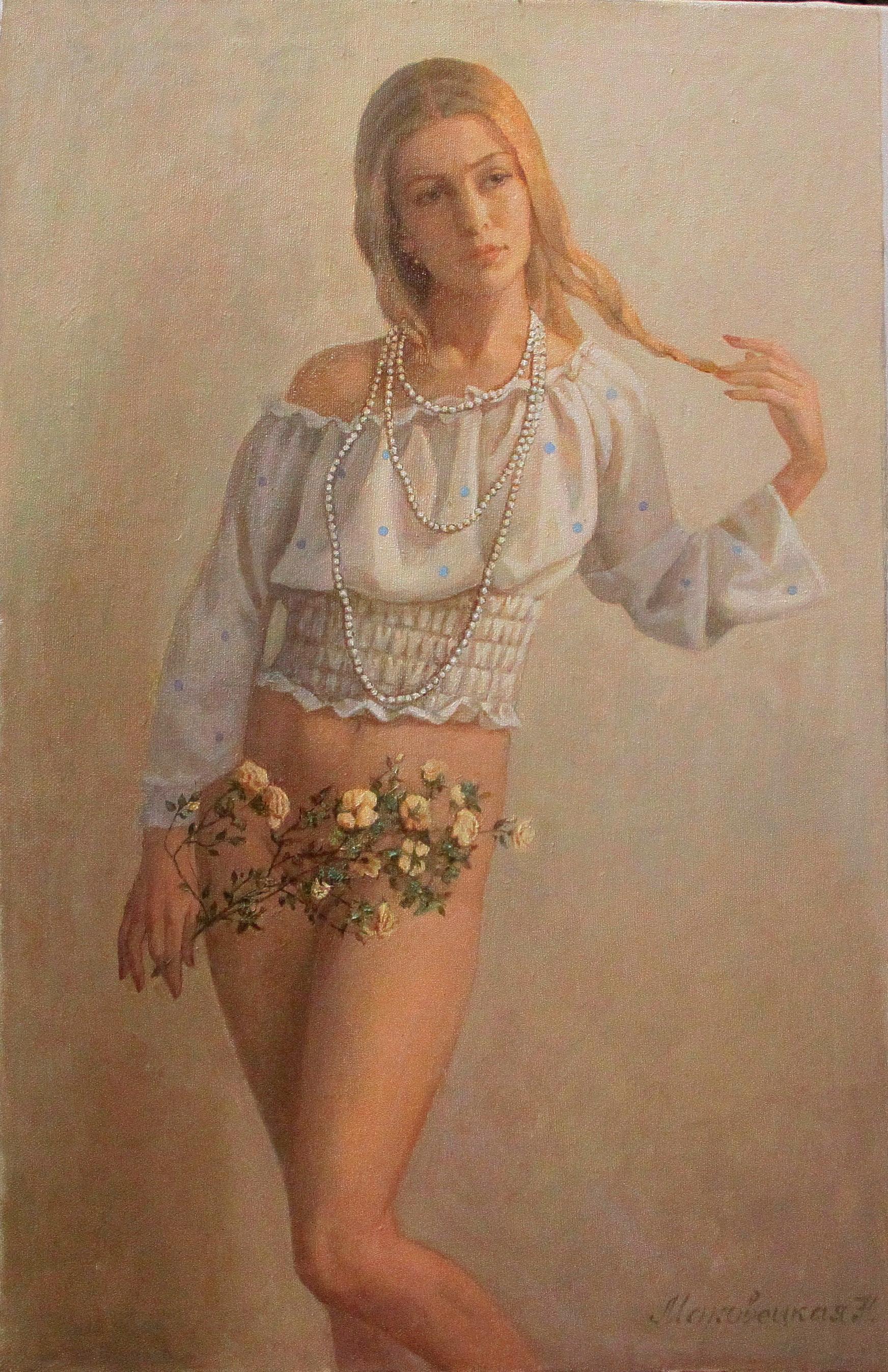 Girl with a flower branch. Original modern art painting