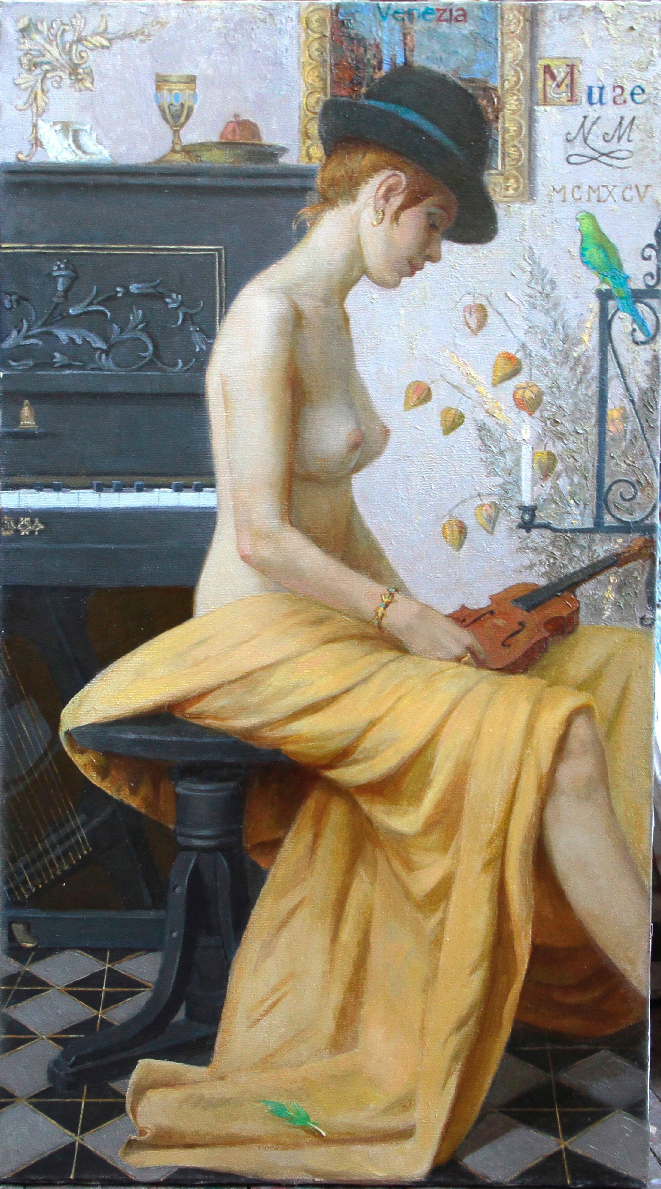 A girl with violin. Original modern art painting