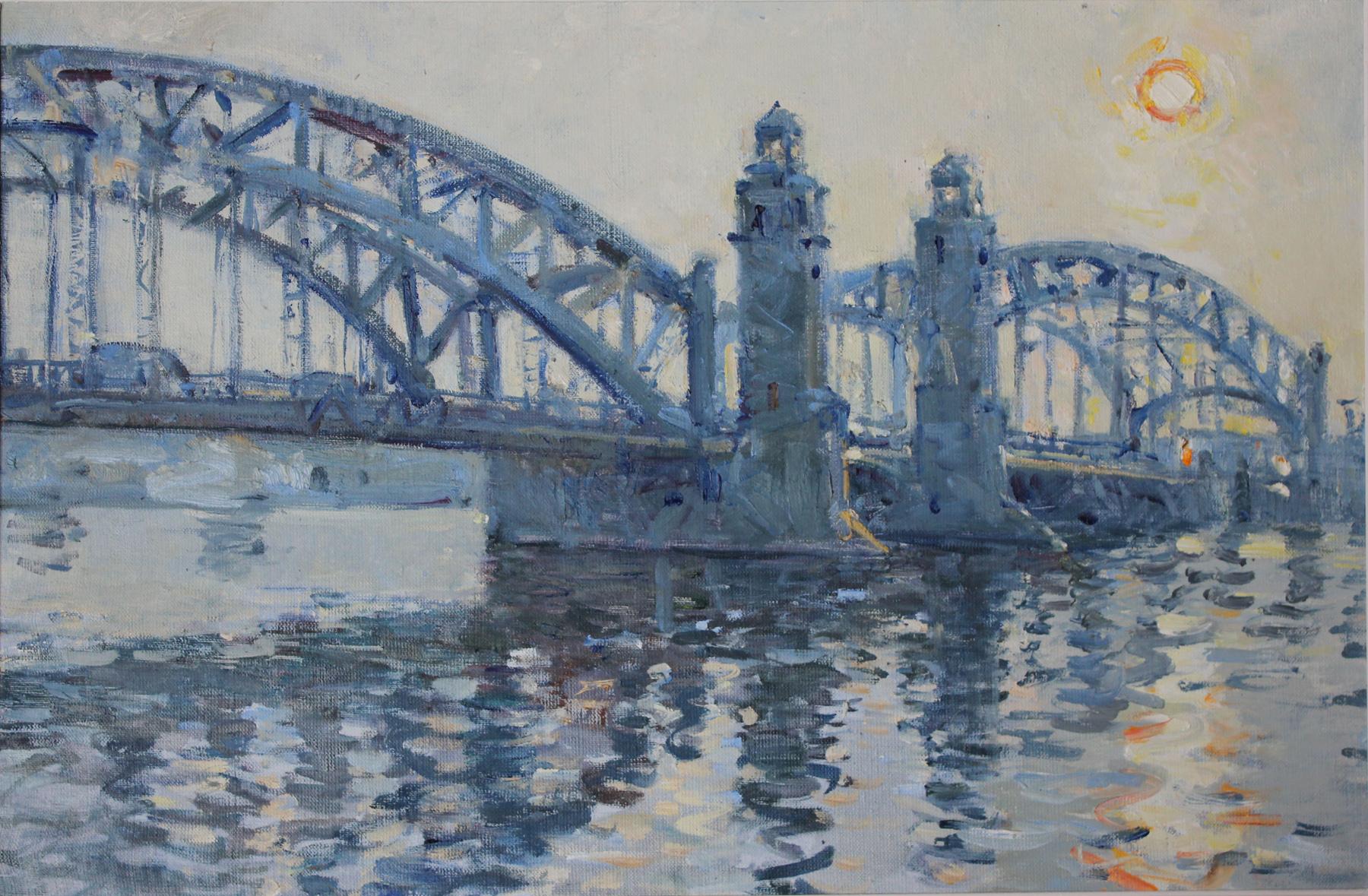 Peter the Great bridge. Morning. Original modern art painting