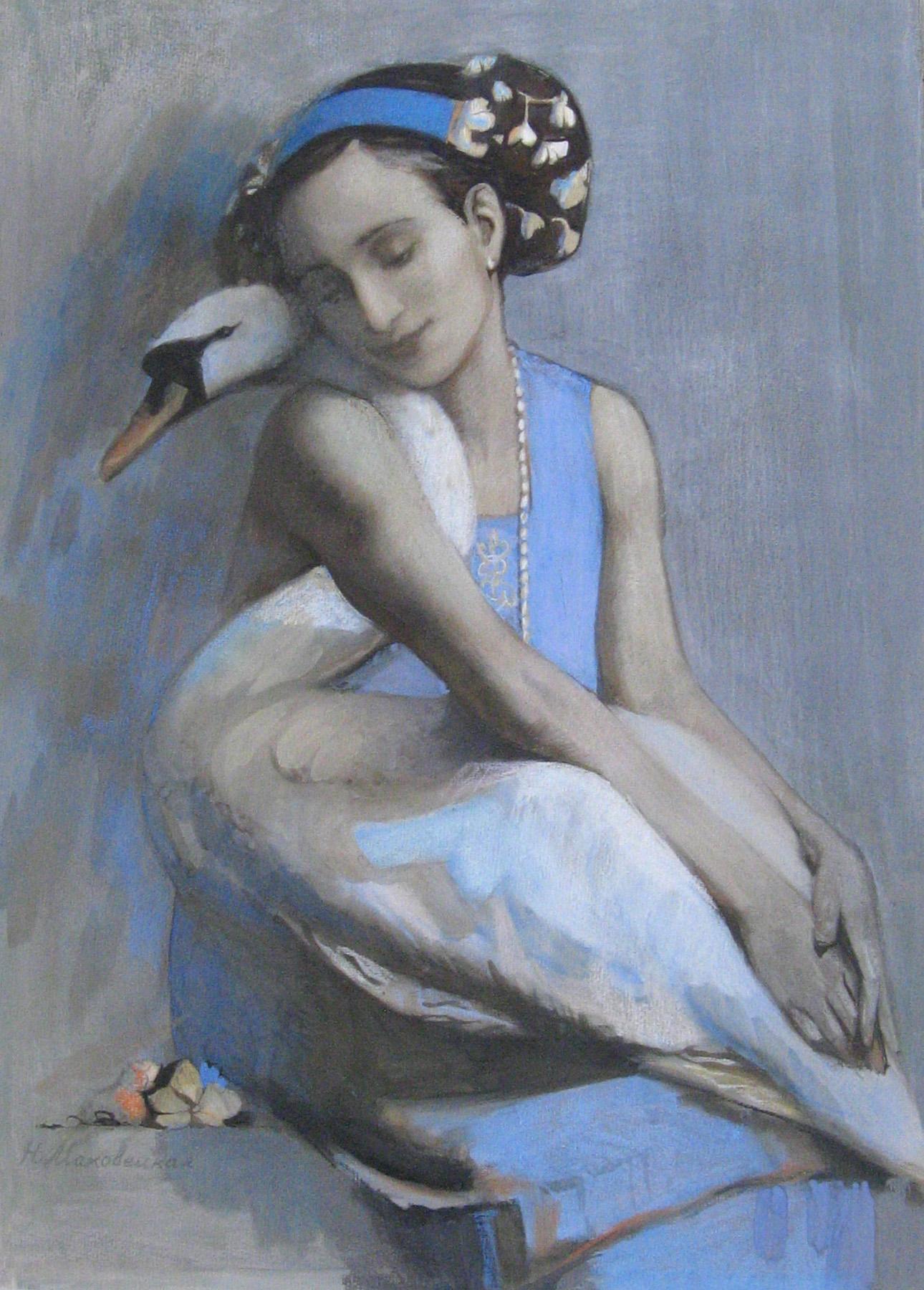 Anna Pavlova with her beloved swan Jack. Original modern art painting