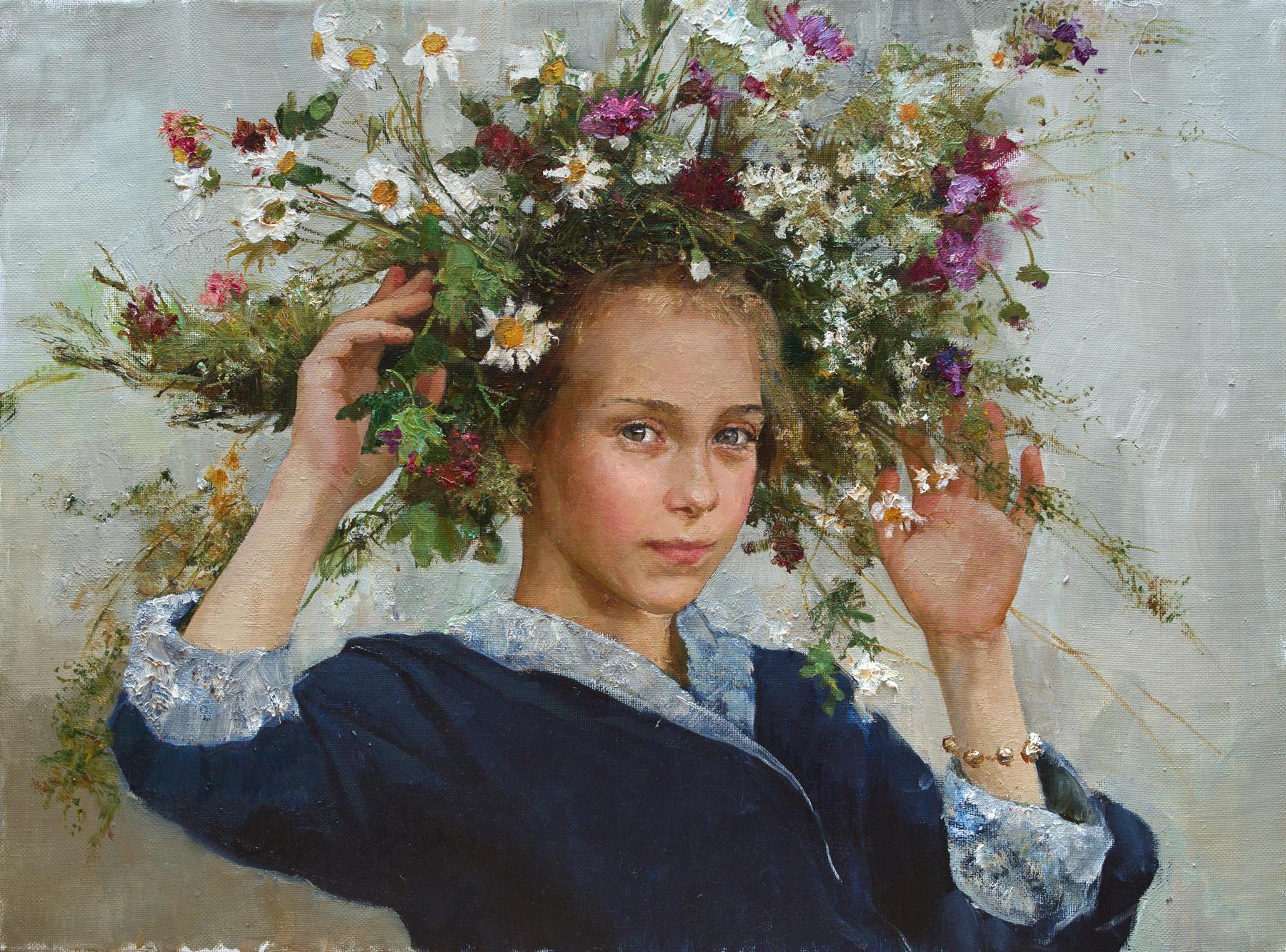 Сirclet of flowers. Original modern art painting