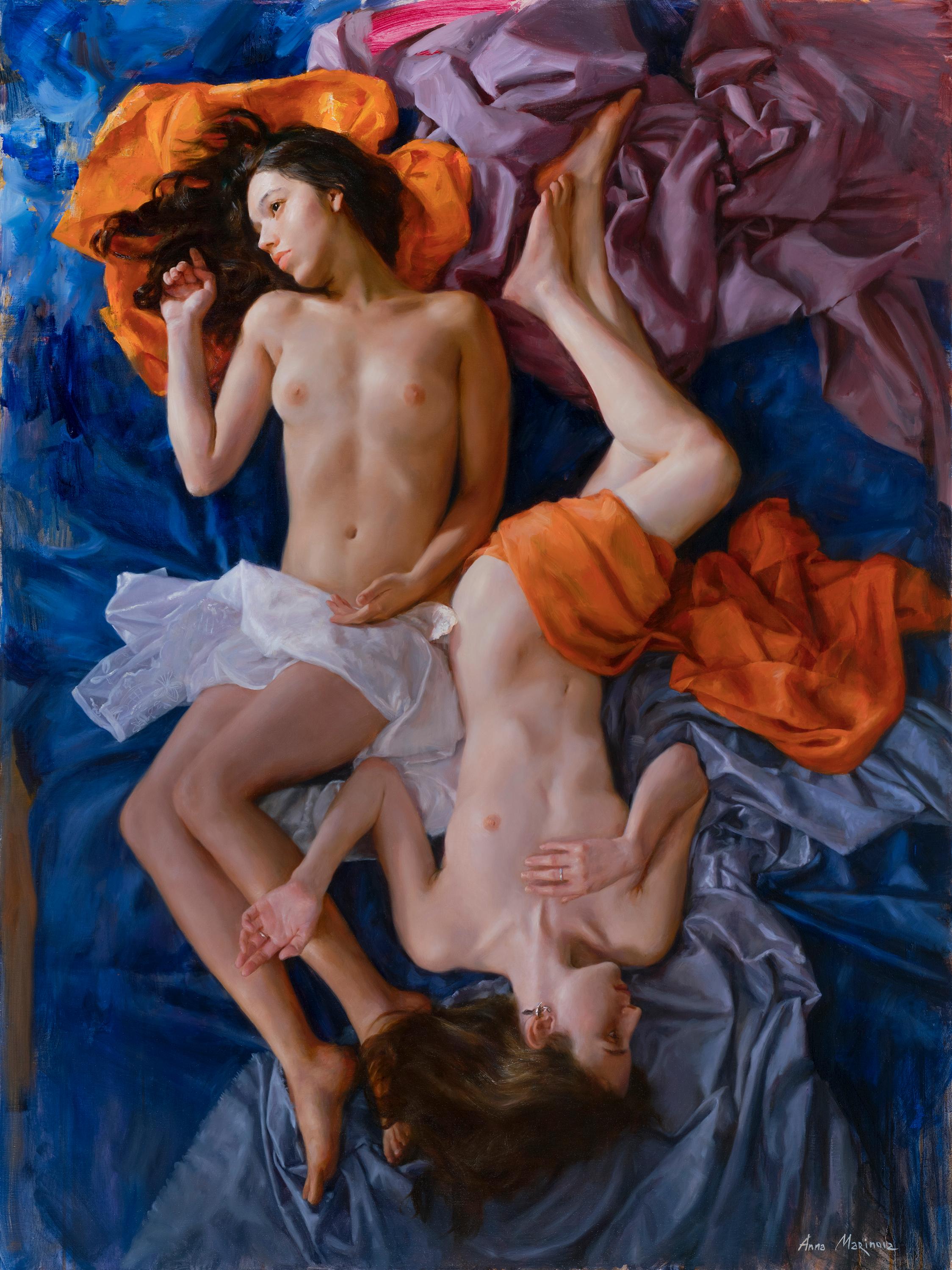 Two nude models. Original modern art painting