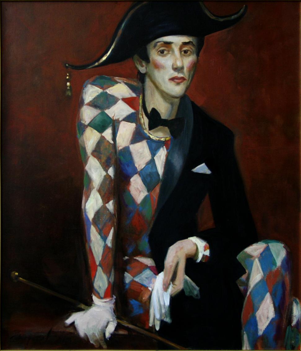 Sitting harlequin. Original modern art painting