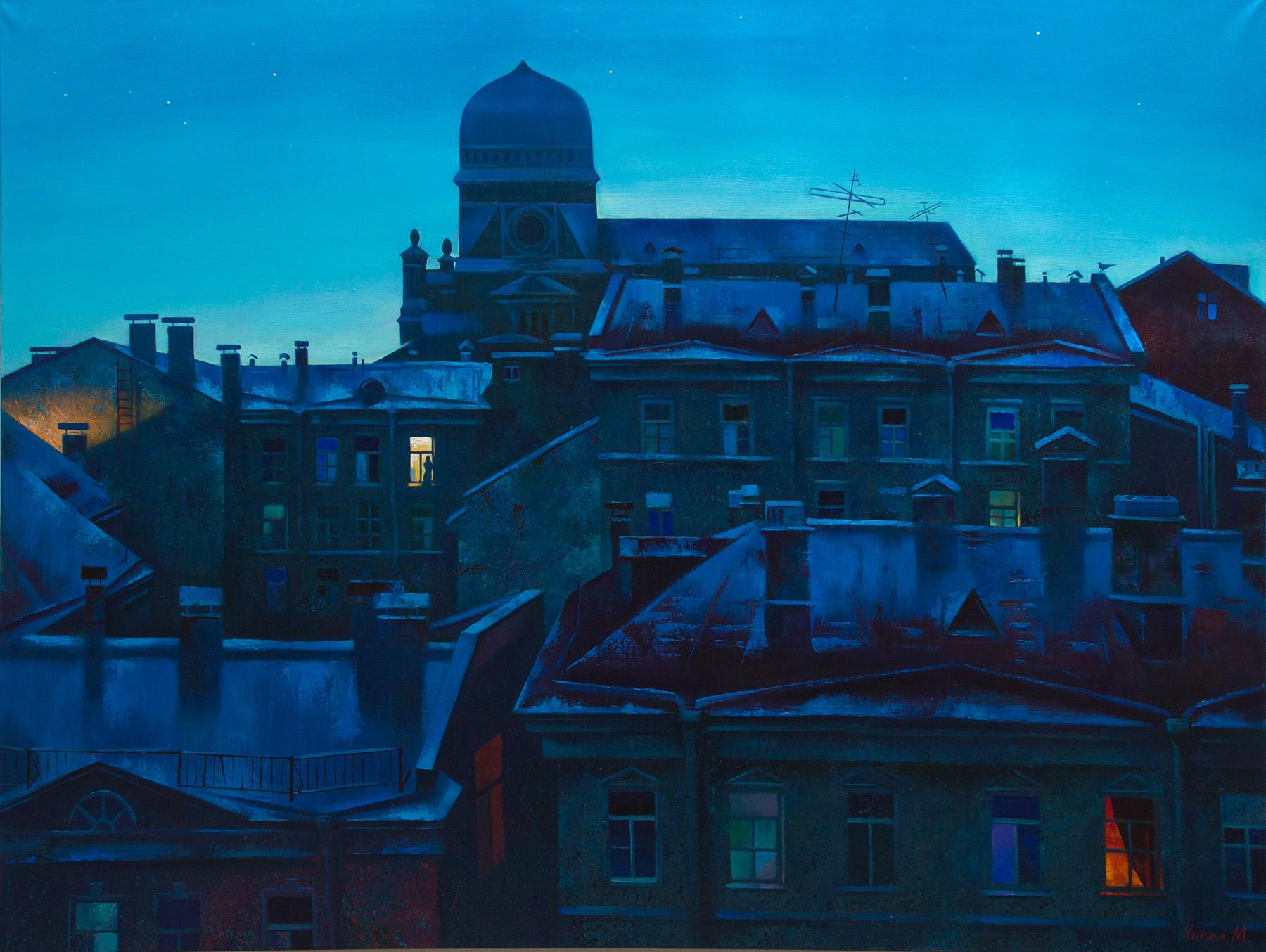 A window at the night. Original modern art painting