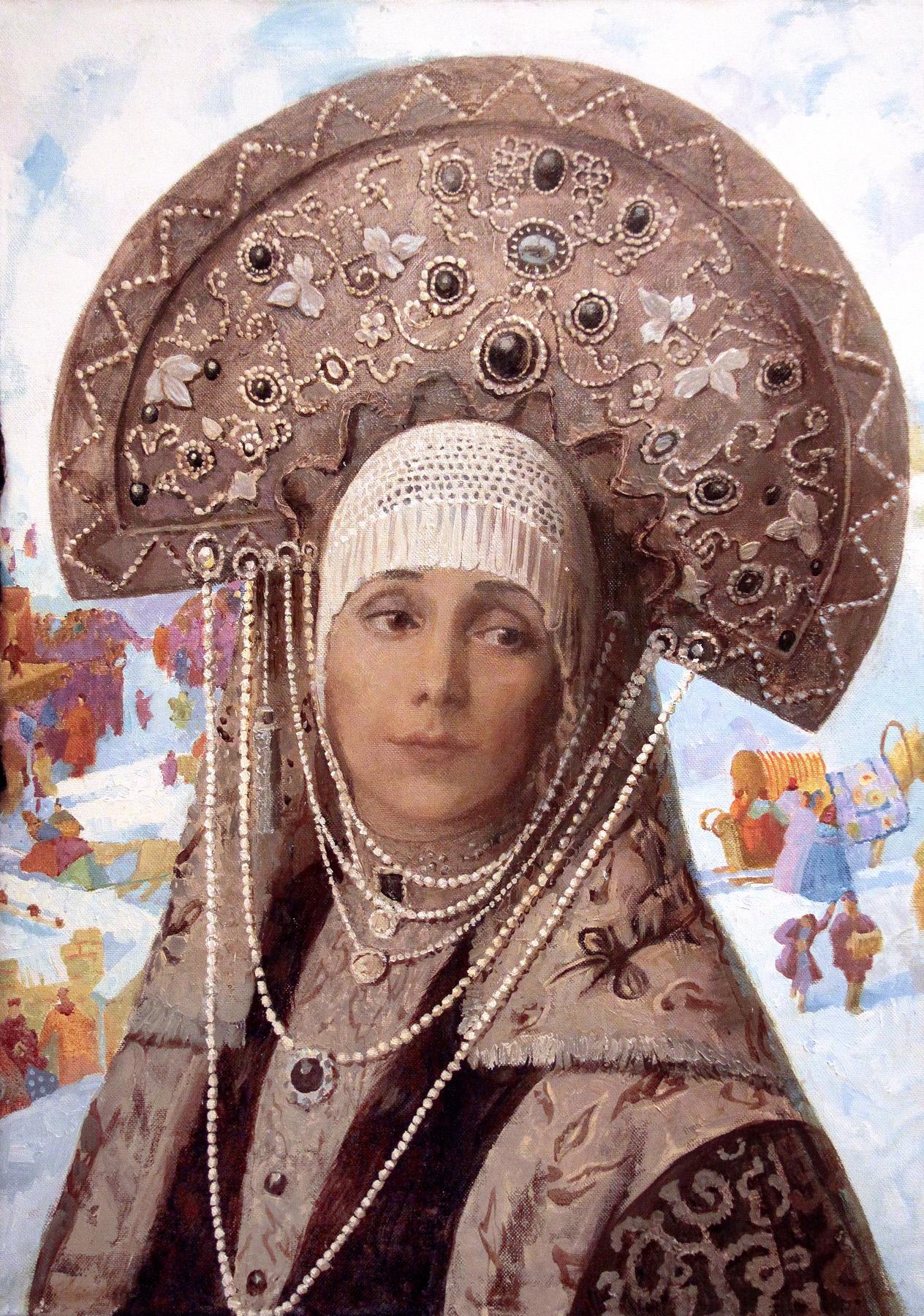 Tamara Karsavina in Russian costume. Original modern art painting