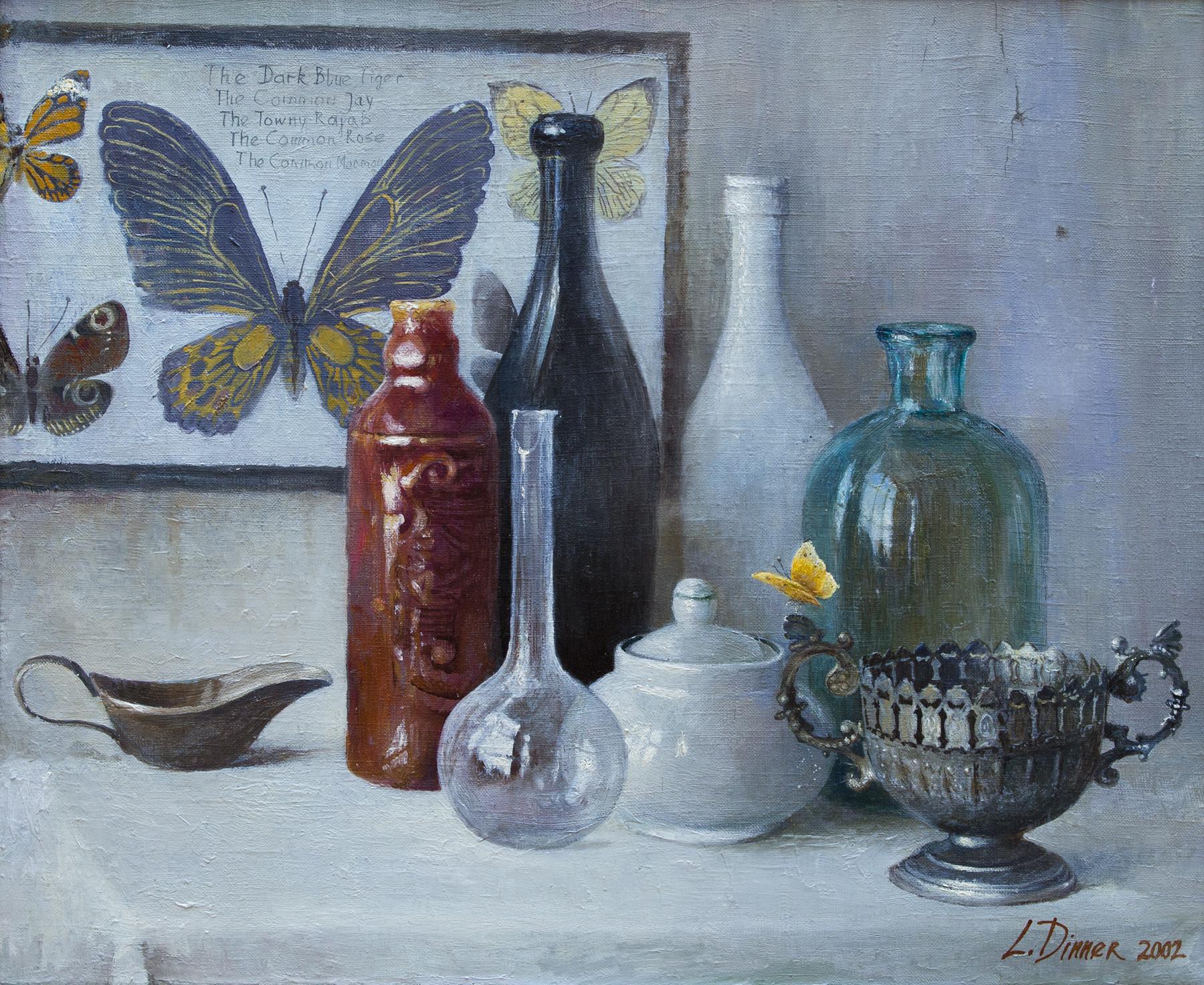 Still life with vessels and butterflies, 50х60 cm, oil on canvas. Original modern art painting