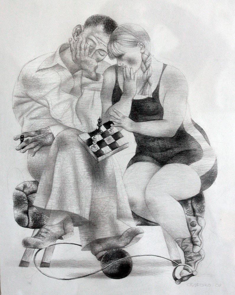 Playing chess. Original modern art painting