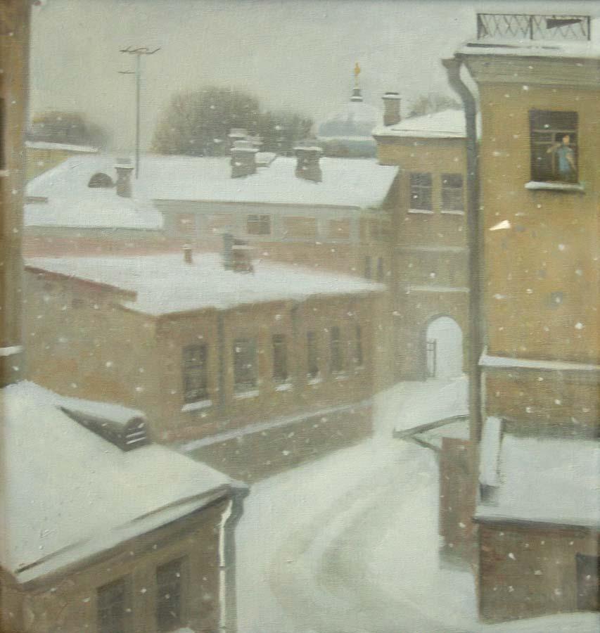 “The yard. Snowing”. Original modern art painting