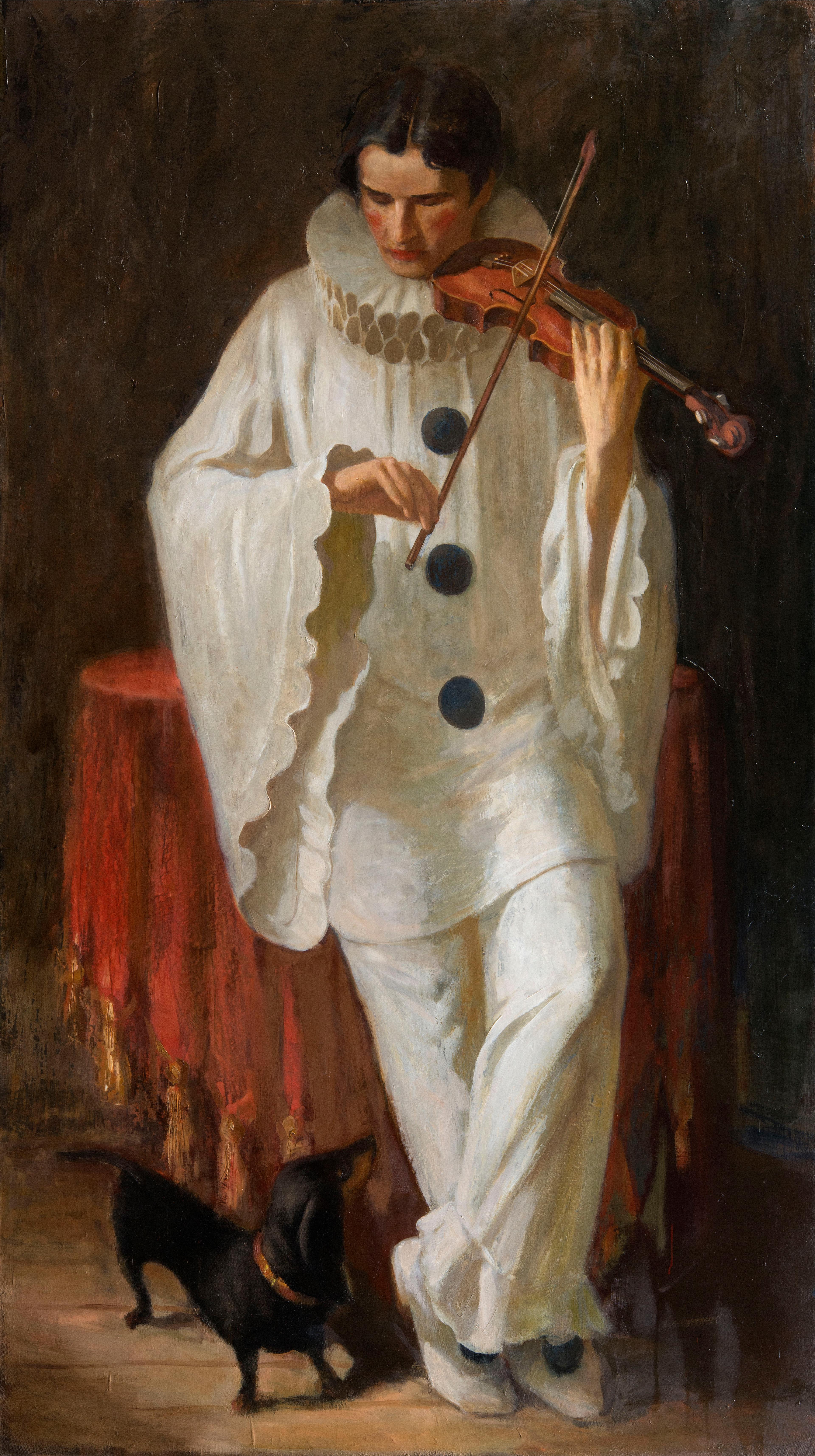 Pierrot with violin. Original modern art painting