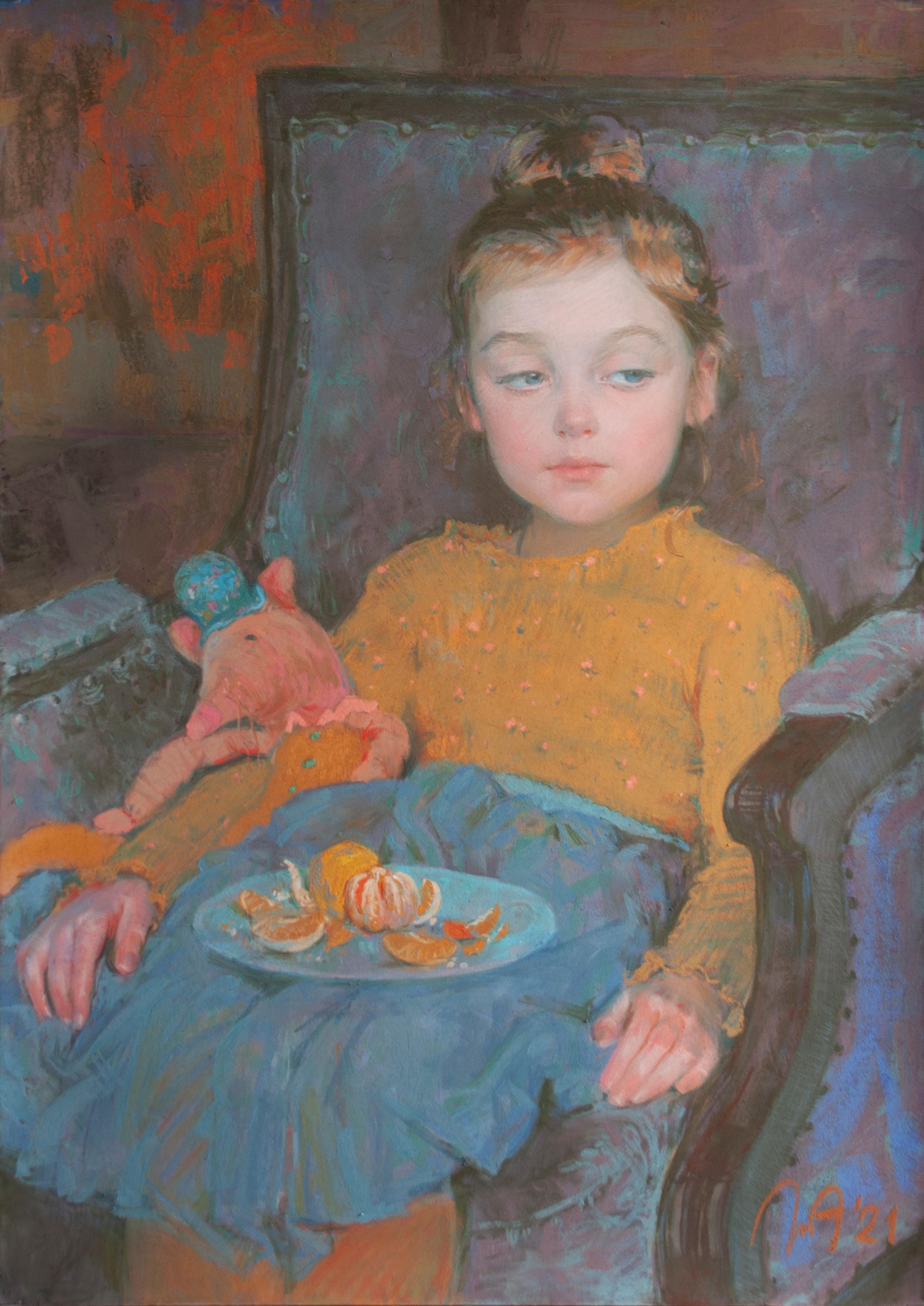 Агния, лис и мандарины. Original modern art painting
