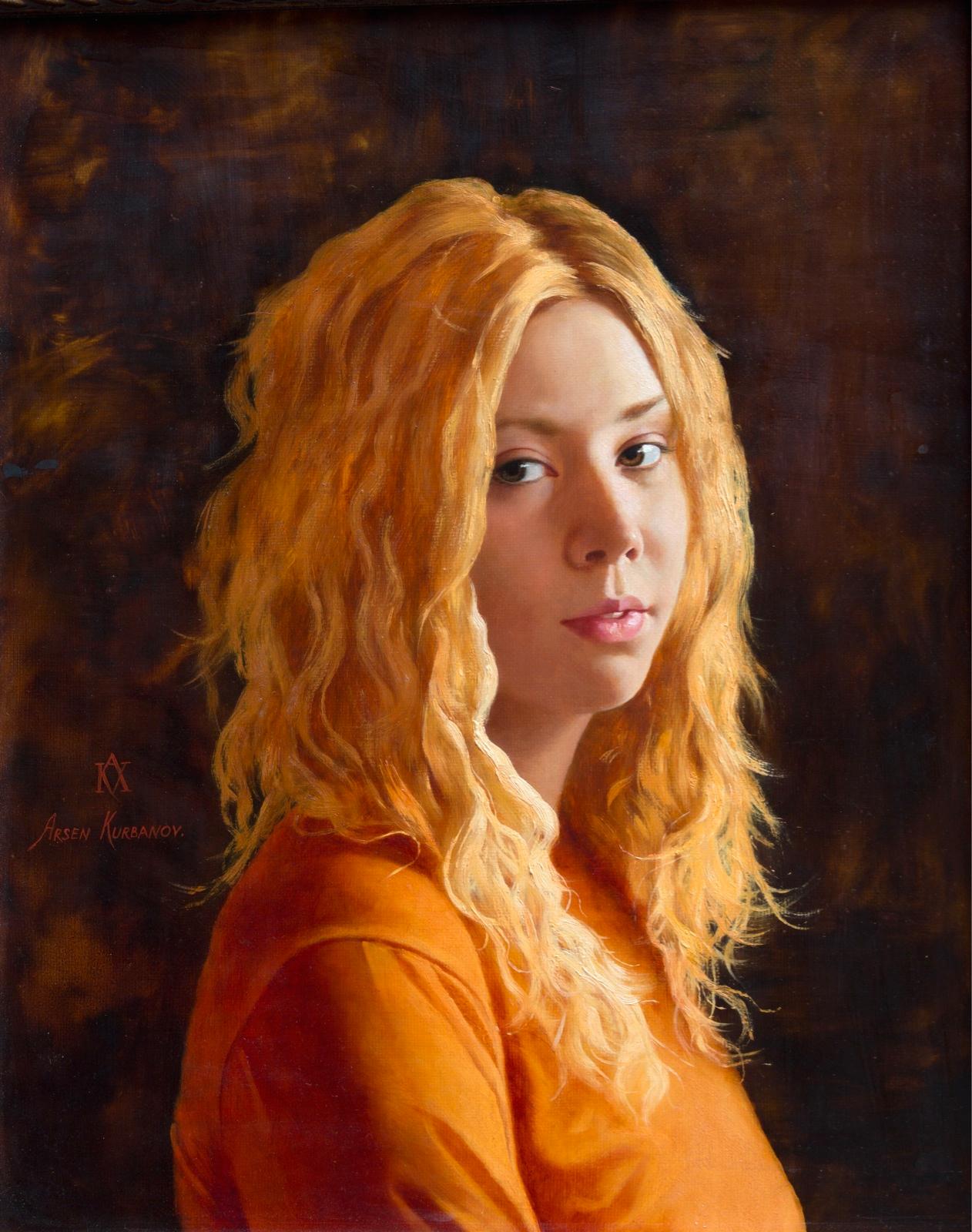 Girl in orange dress. Original modern art painting