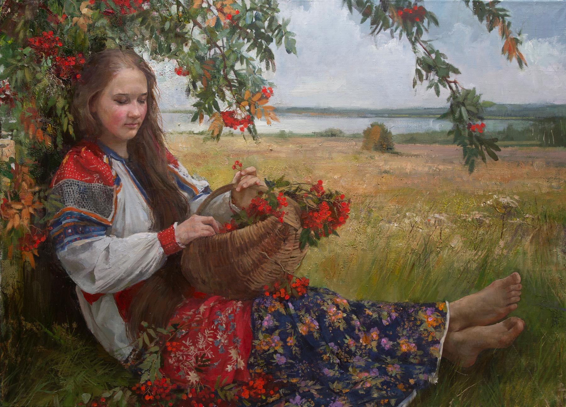 Basket with rowan. Original modern art painting