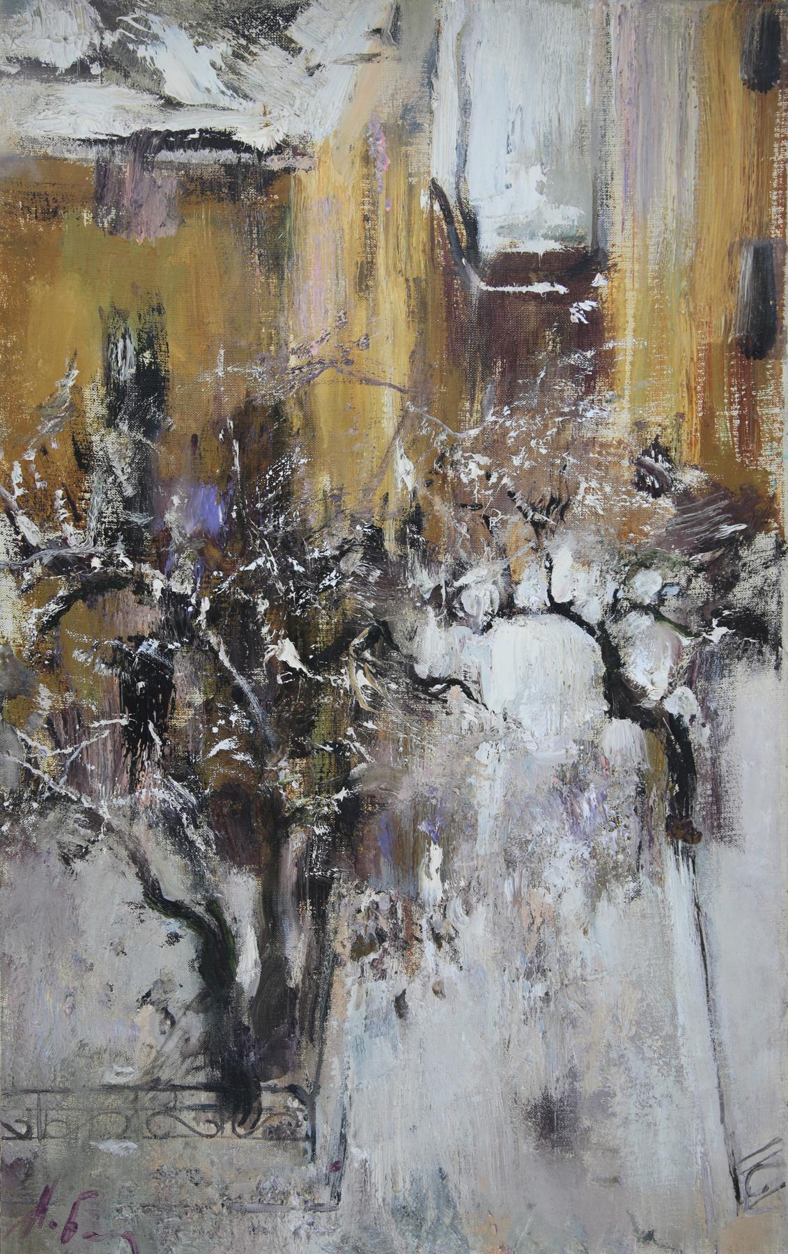 Winter yard. Original modern art painting