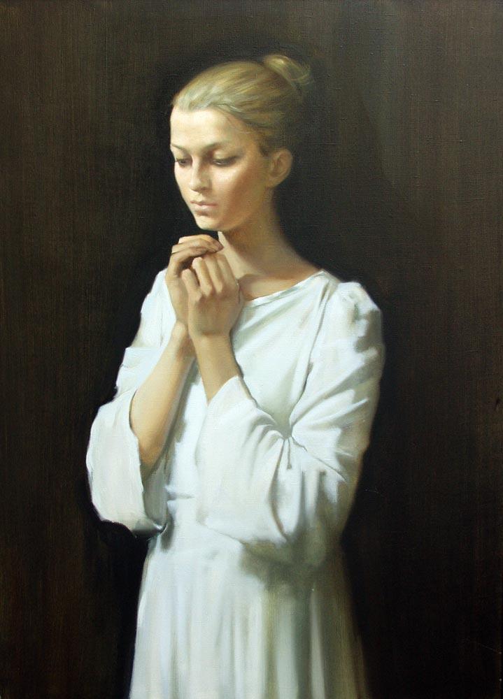 Girl in white robe. Original modern art painting