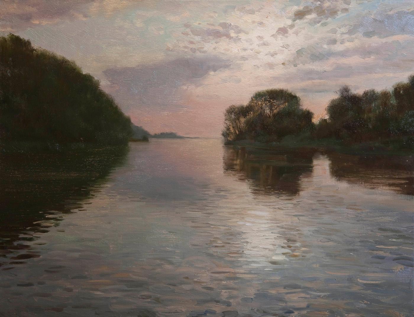 закат солнца на реке Волге. Original modern art painting