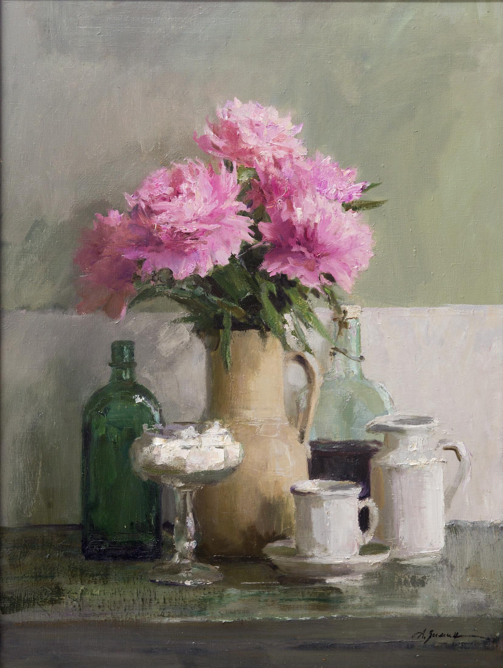 Peonies and sugar vase. Original modern art painting