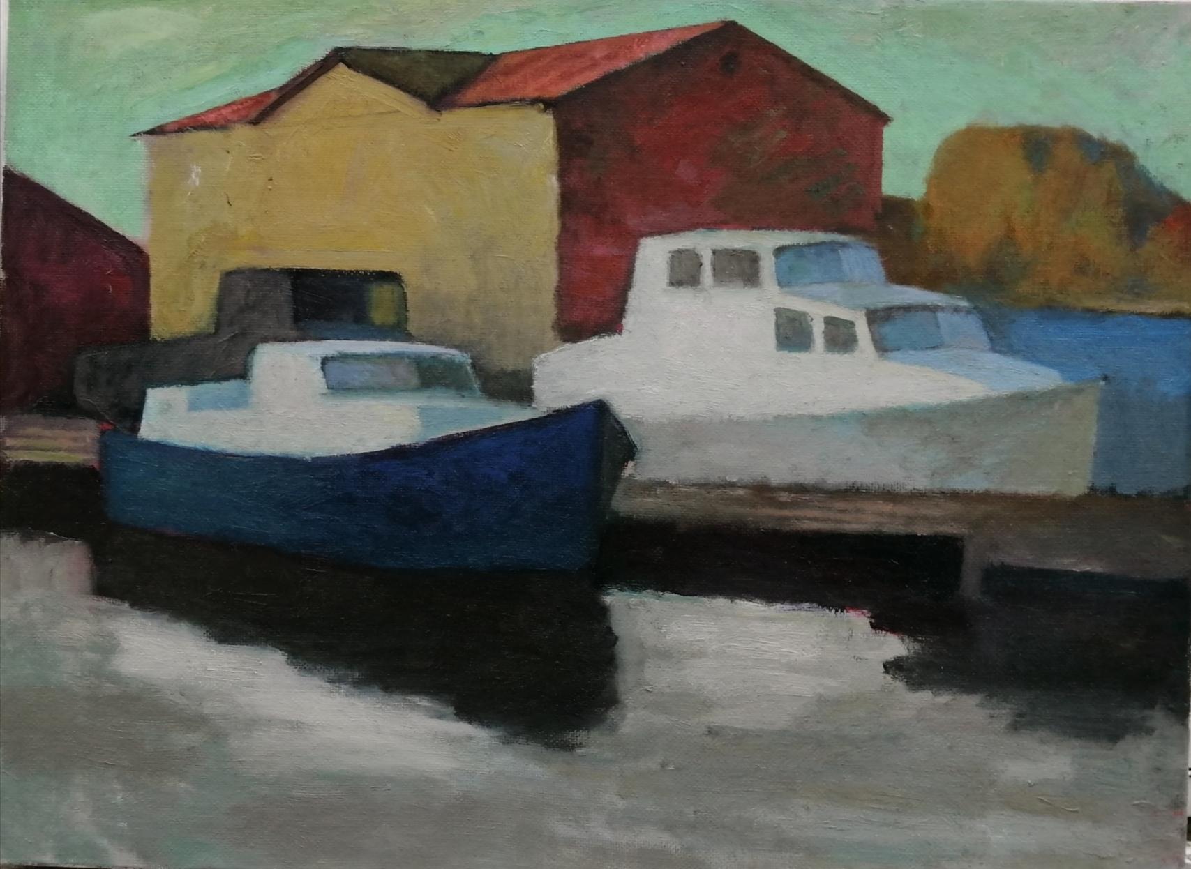 Boats. Autumn.. Original modern art painting