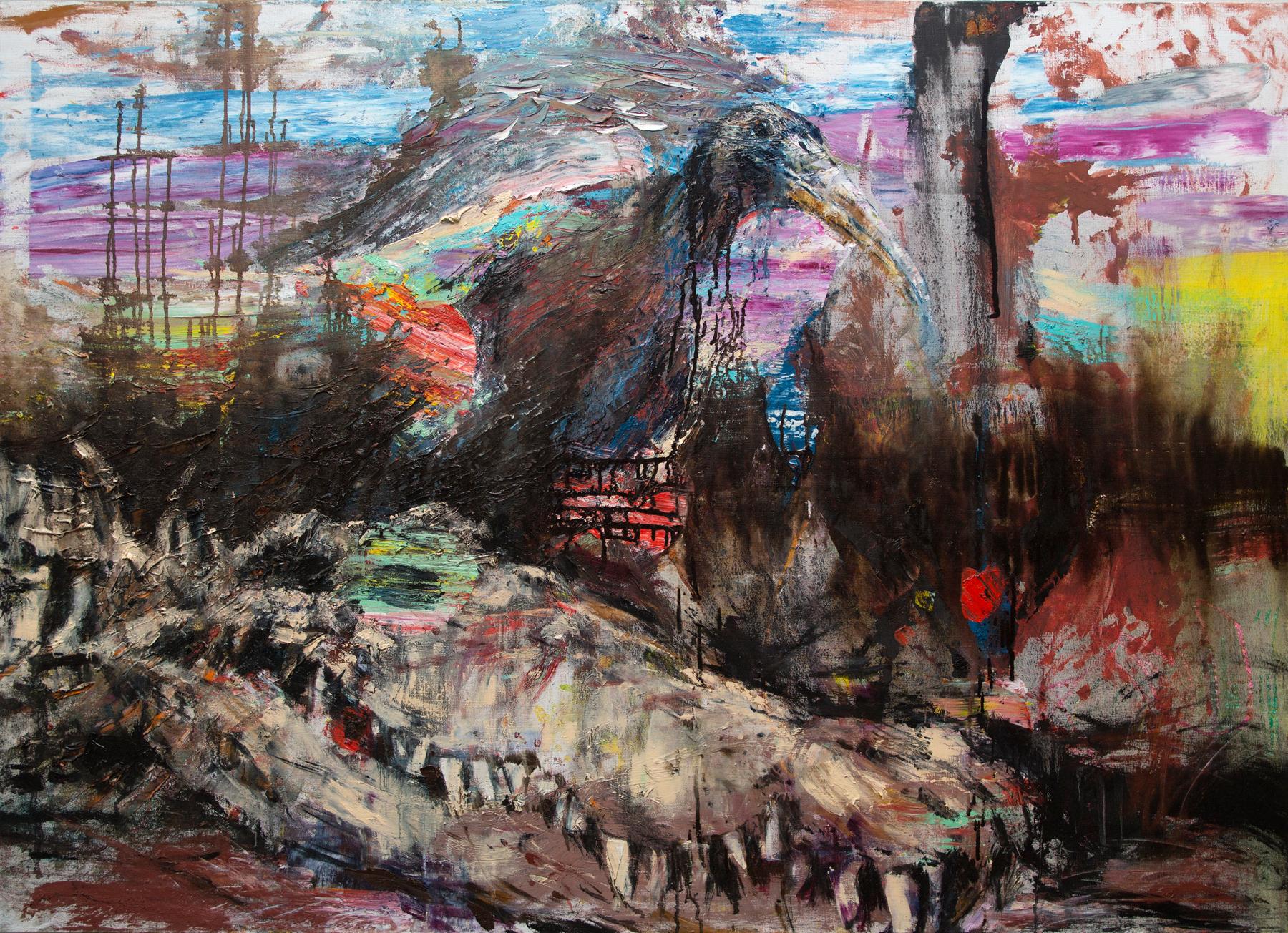 Birds and crocodile. Original modern art painting