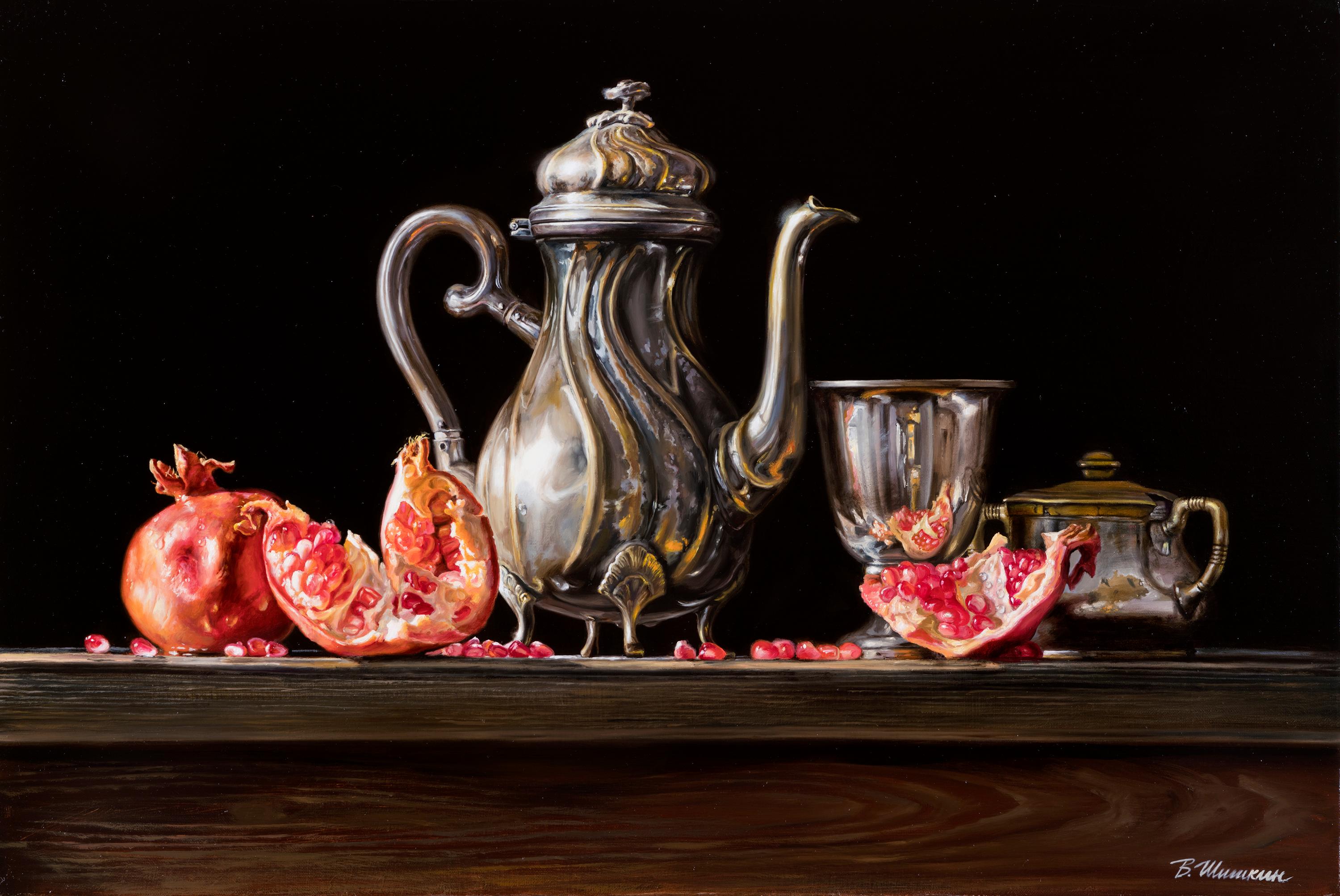 Kettle with pomegranates. Original modern art painting