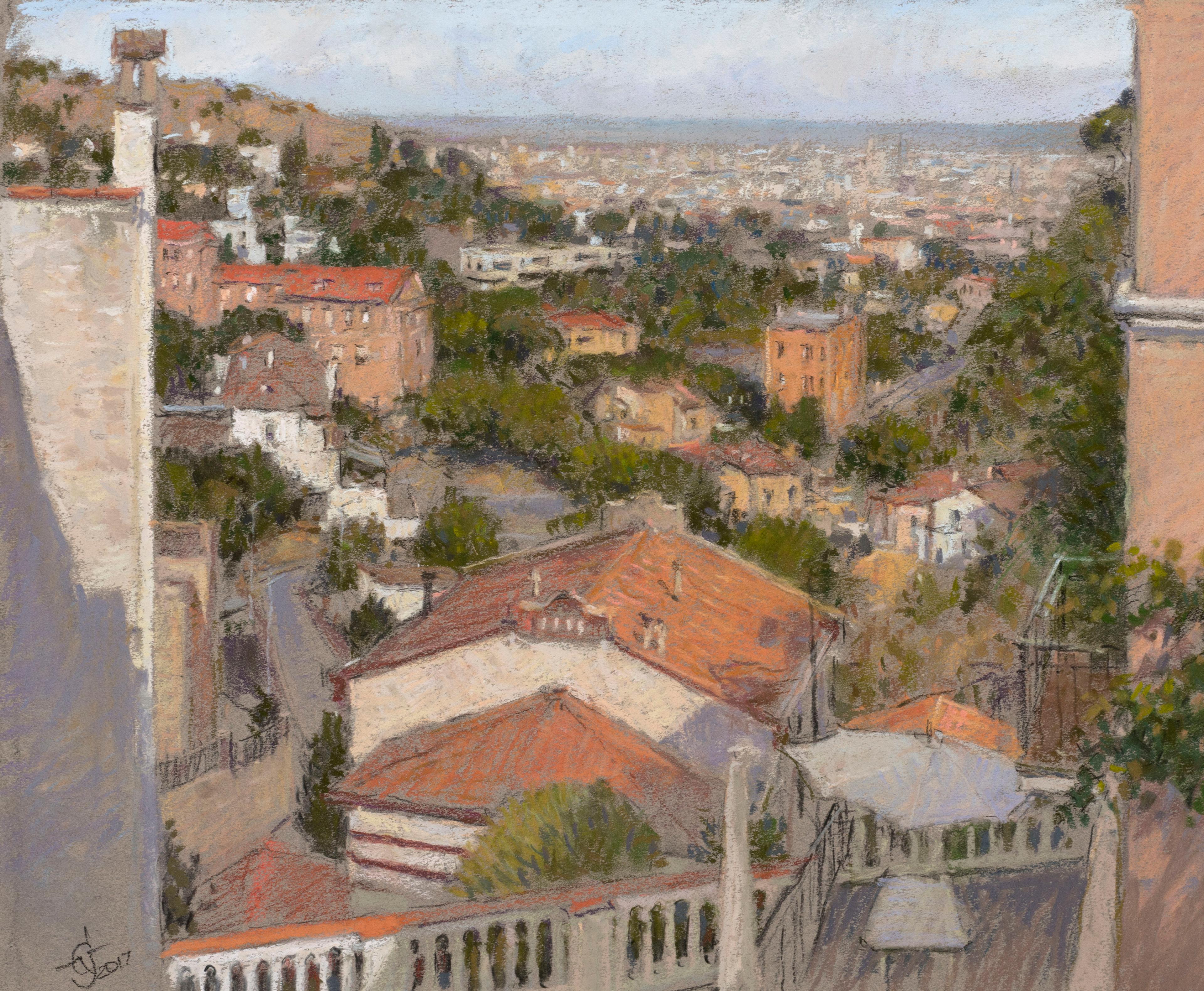 View on Barcelona. Original modern art painting
