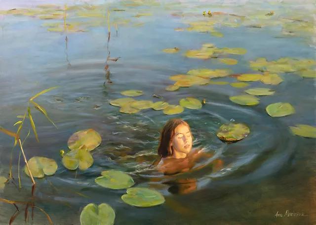 Evening swimming . Original modern art painting