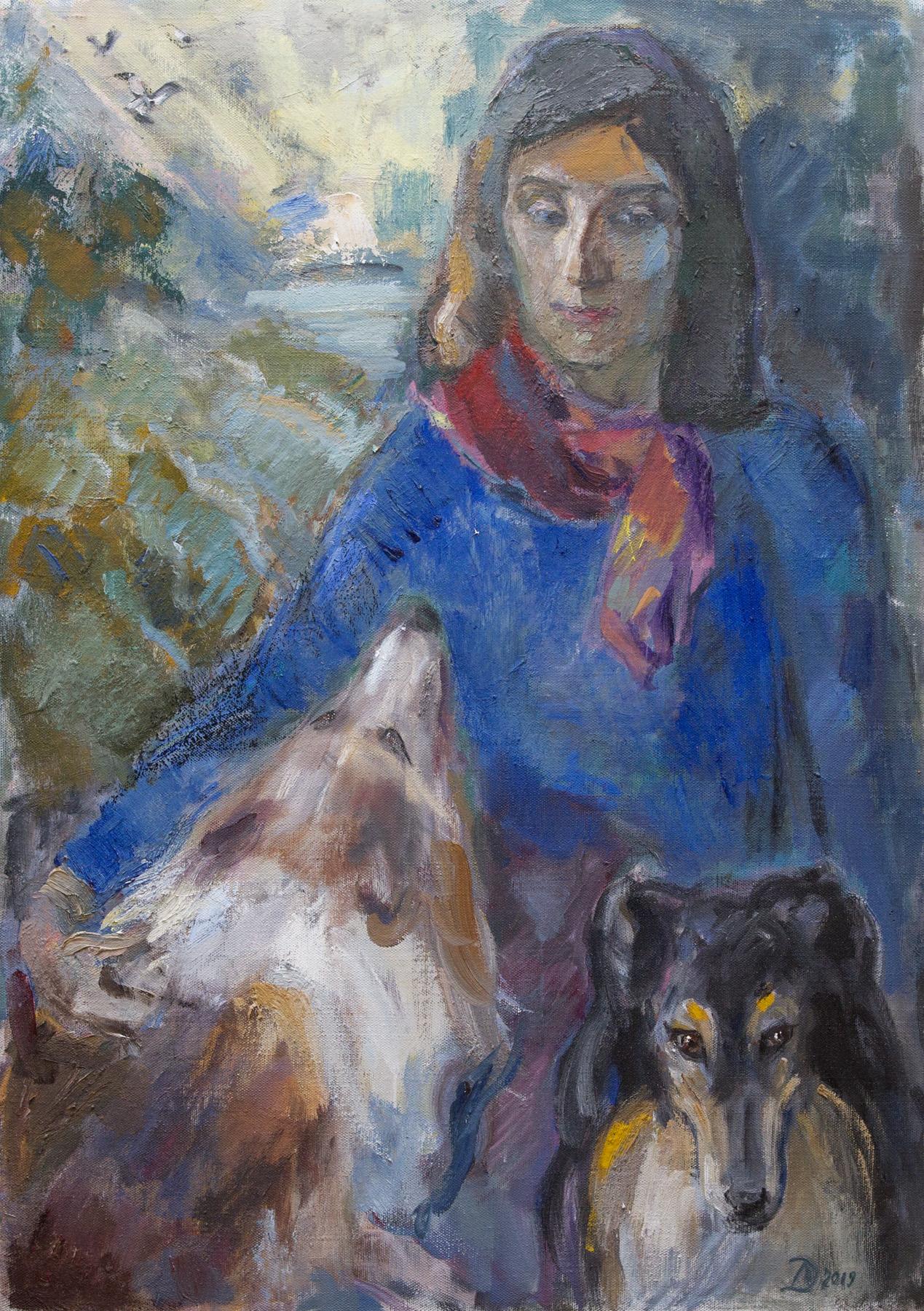 Selfportrait with dogs. Original modern art painting