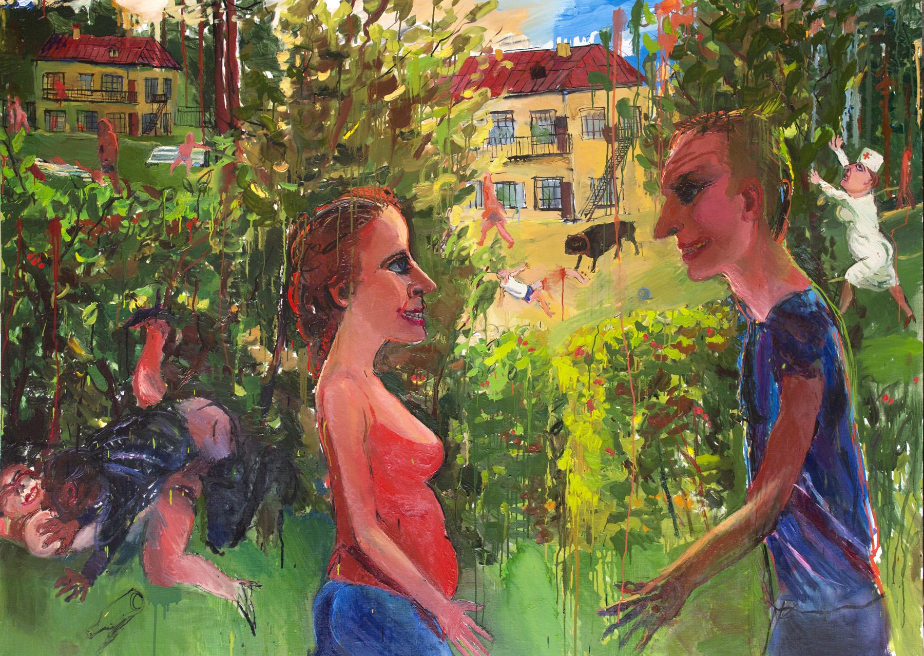 Lovers in a landscape. Original modern art painting