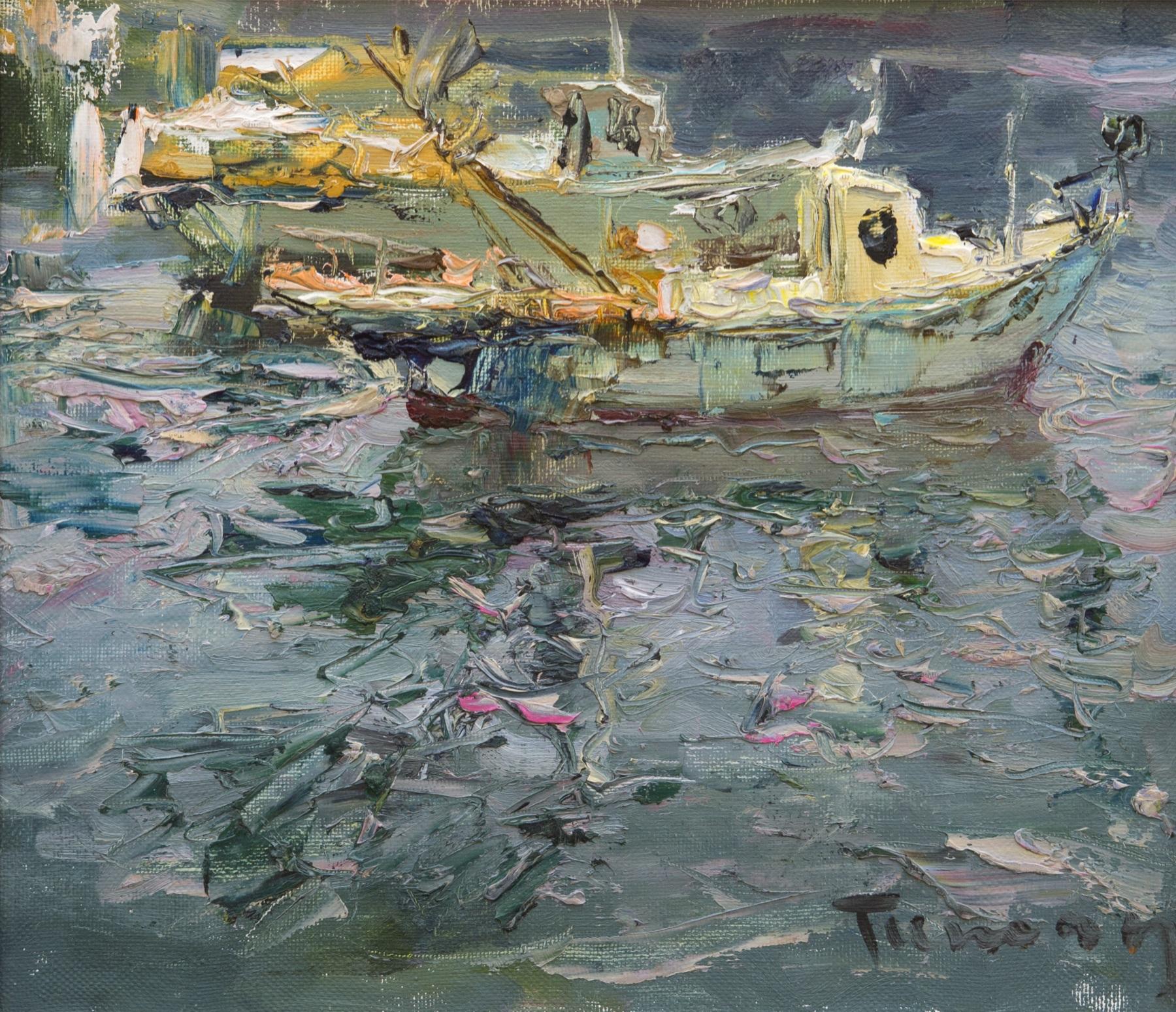 Nearby of the boats. Original modern art painting