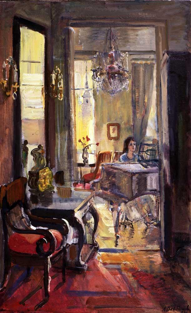 Interior with fortepiano. Original modern art painting