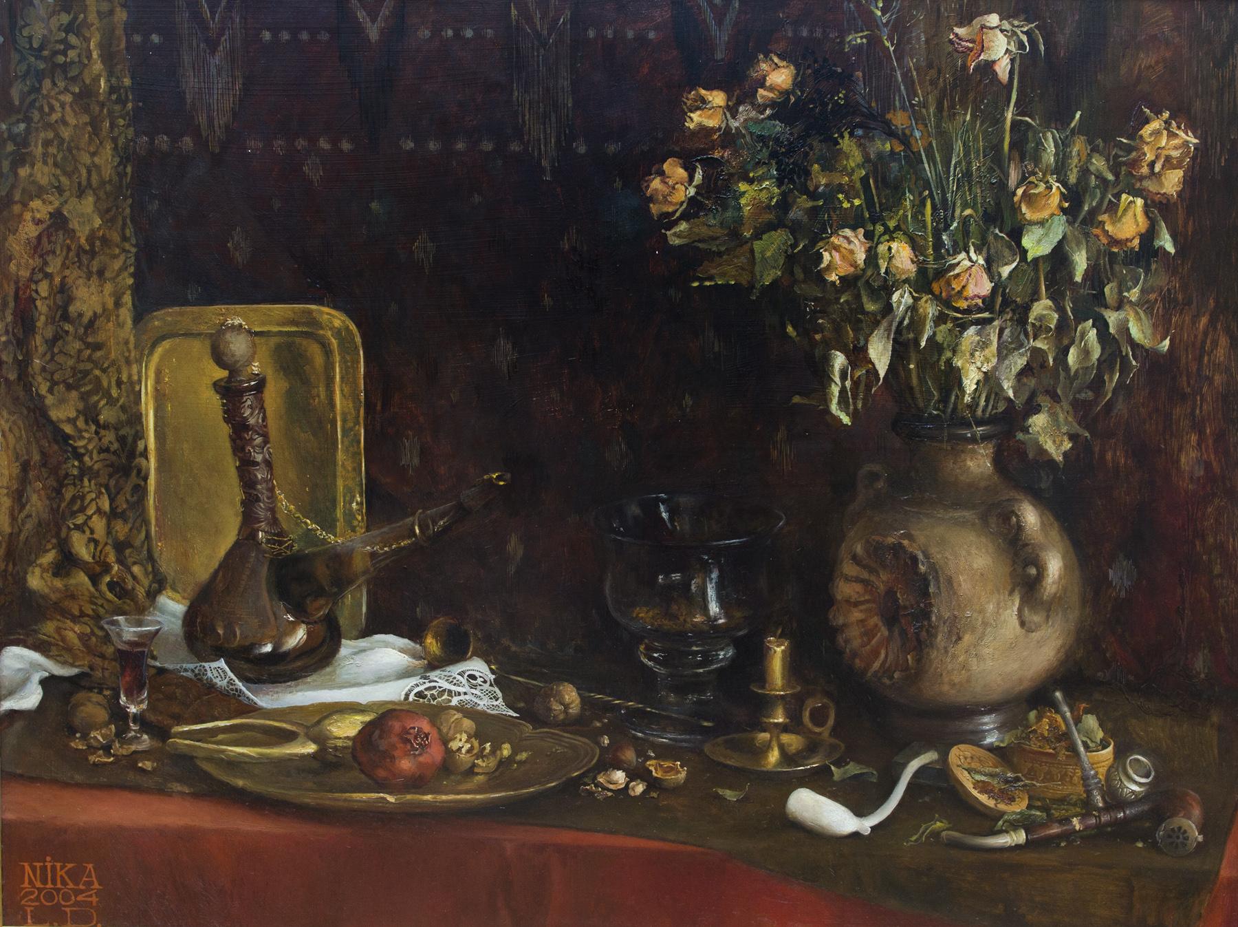 Brown still life with smoking pipes. Original modern art painting