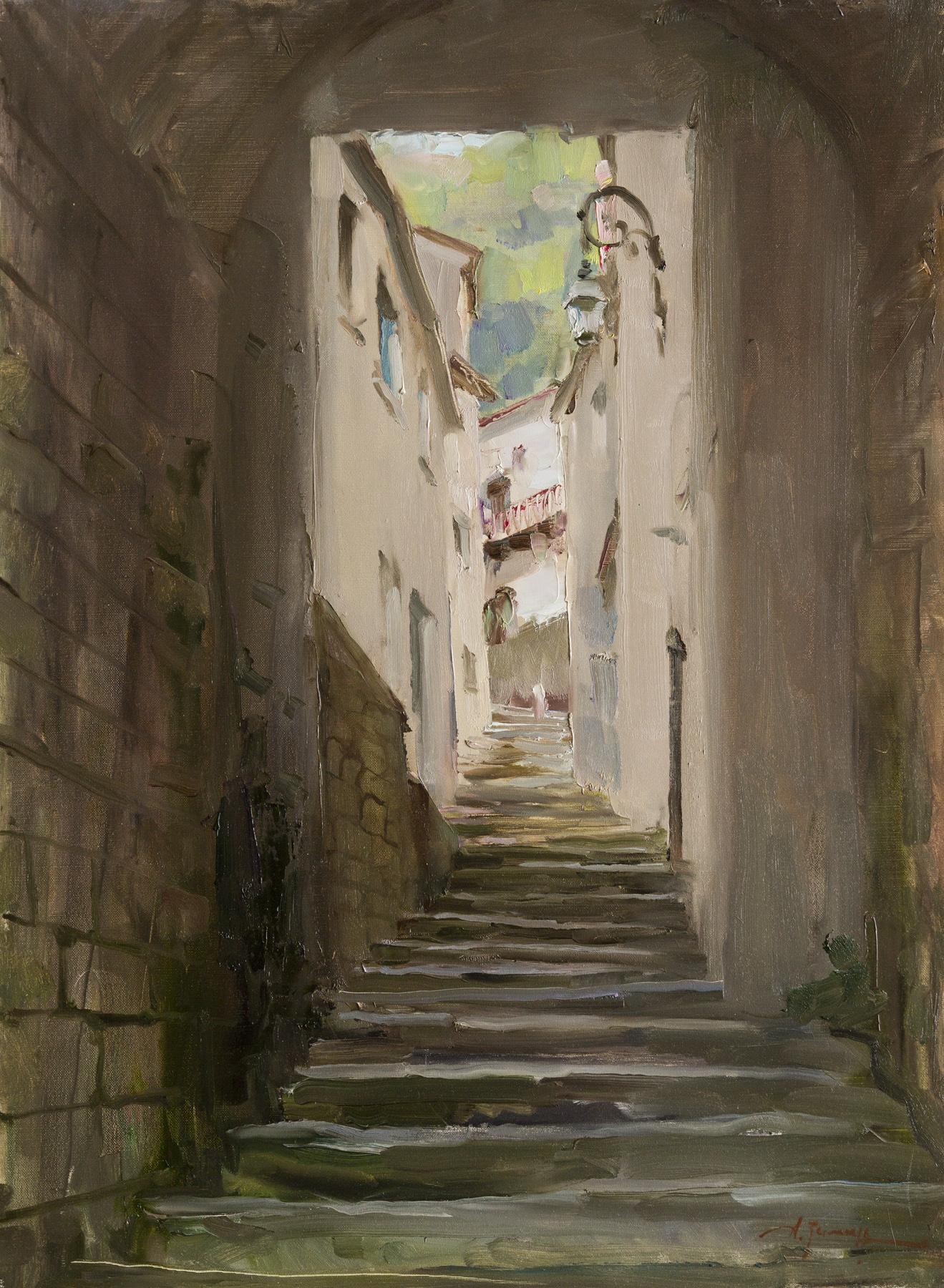 楼梯. 在马拉蒂亚的小街道. Original modern art painting