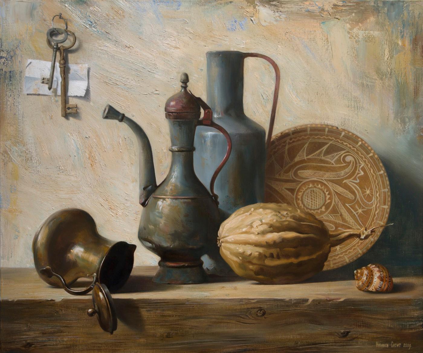 Still life with dry pumpkin. Original modern art painting