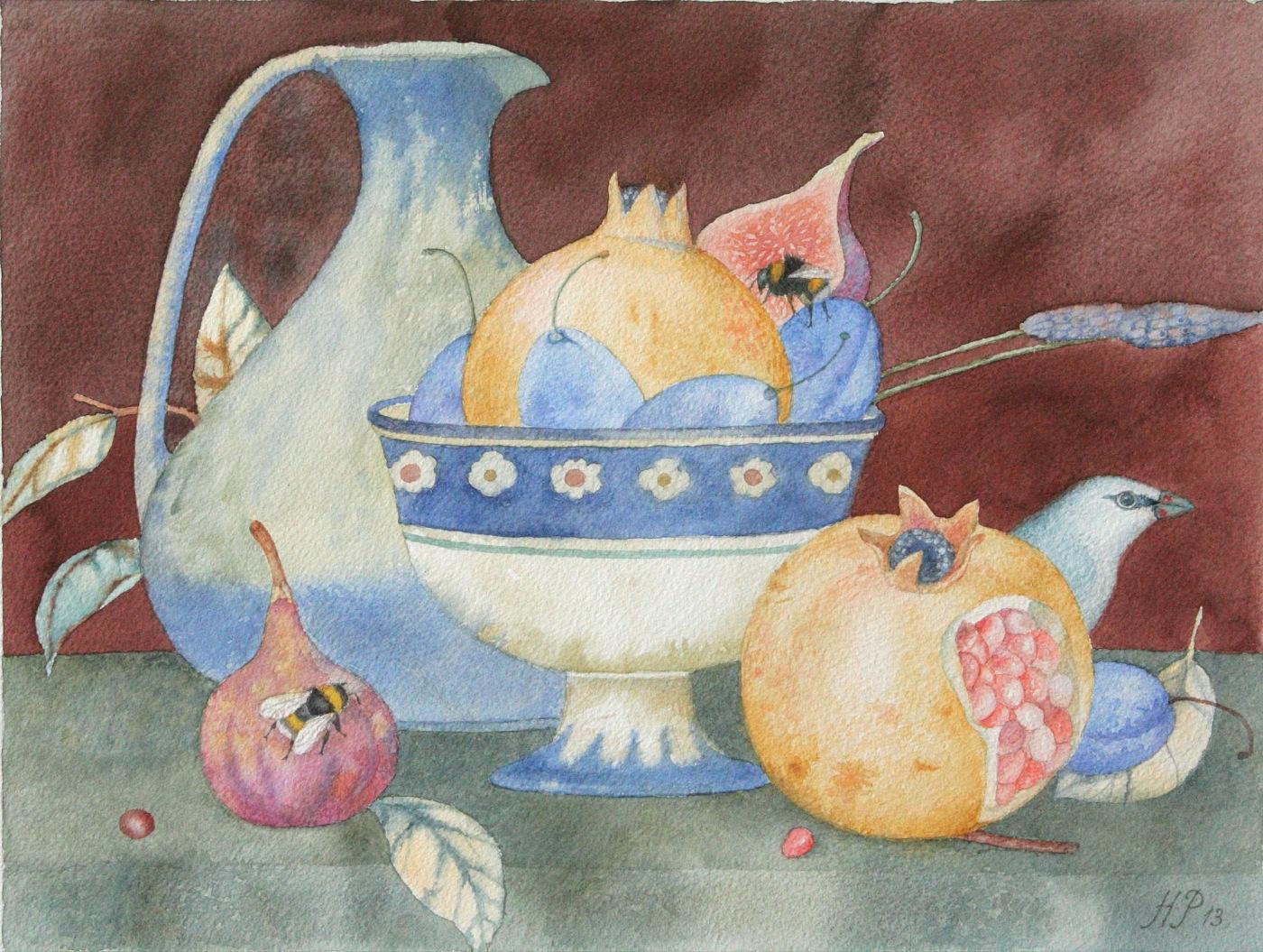 Pomegranates and figs. Original modern art painting