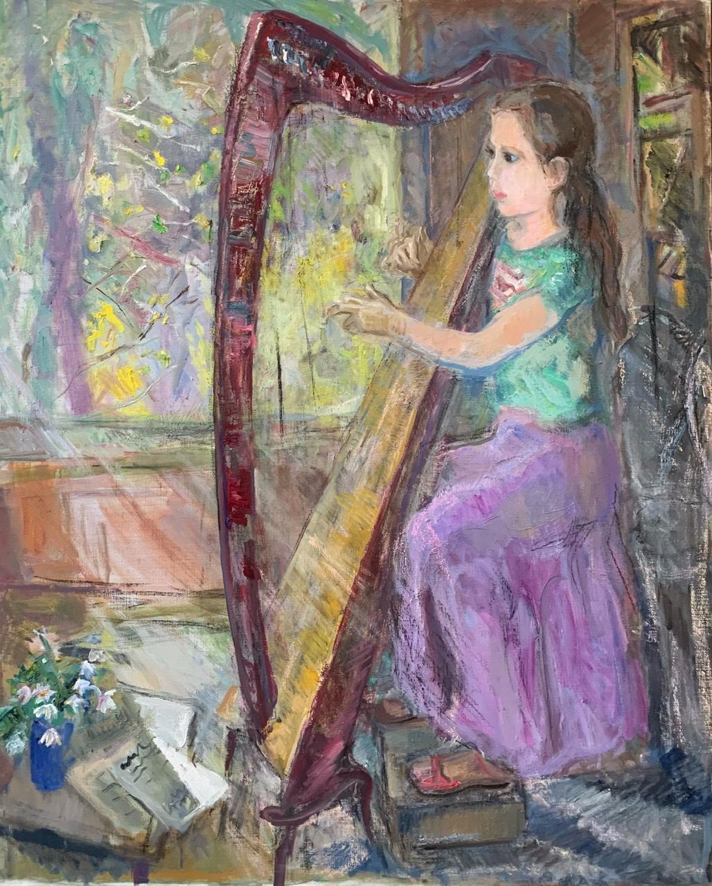 Eugenia with a harp. Original modern art painting