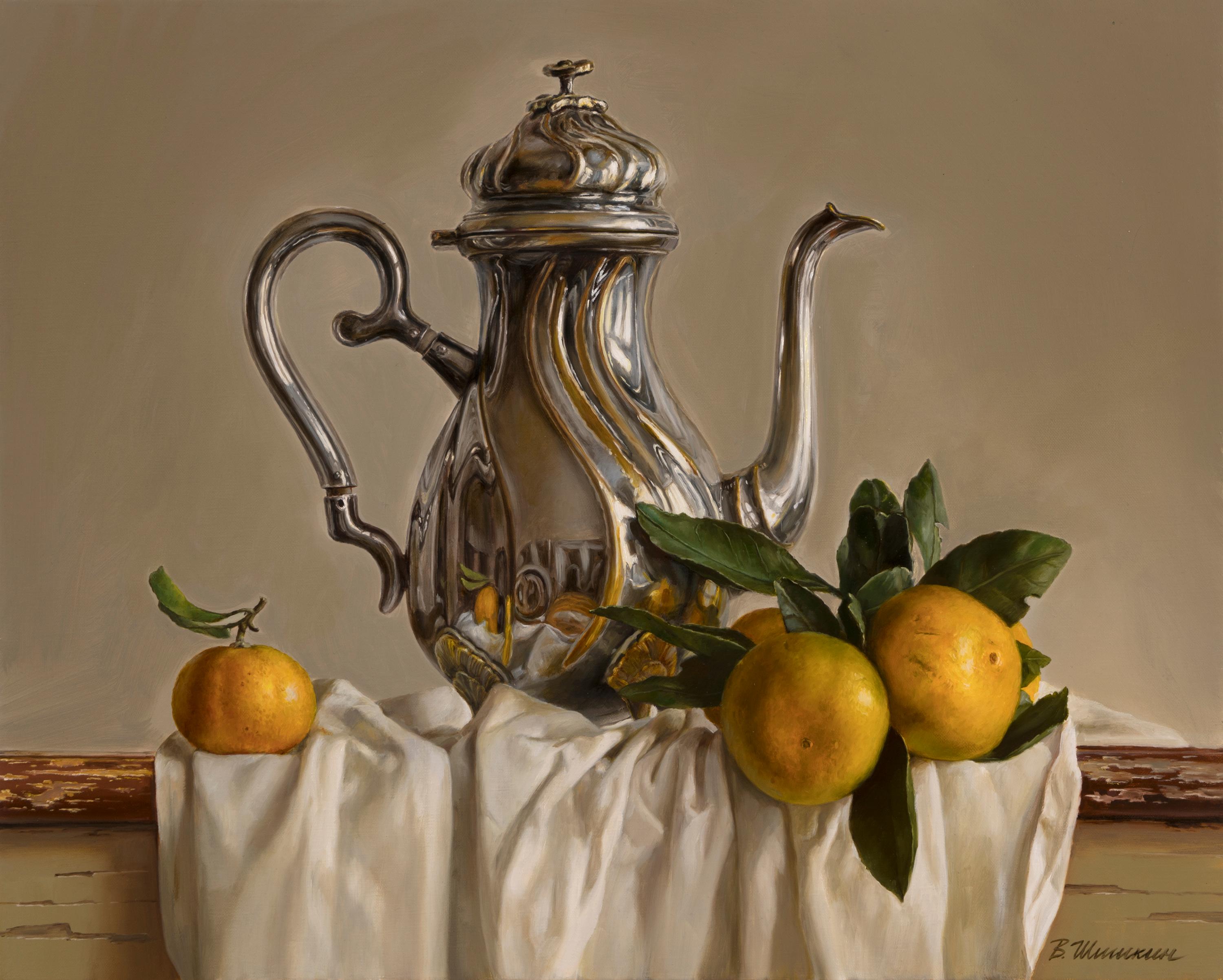 Kettle with mandarins. Original modern art painting