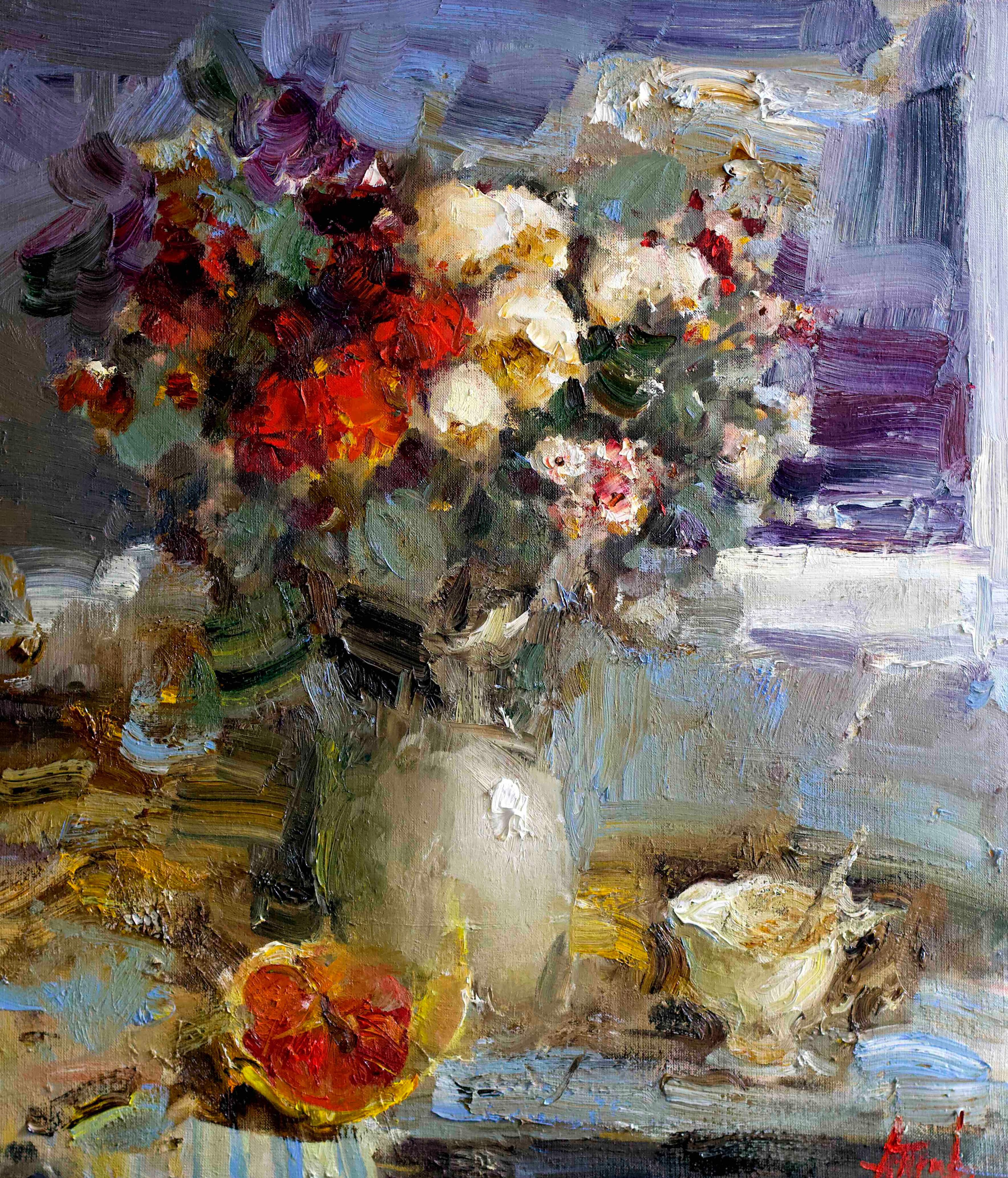 Roses and pomegranate . Original modern art painting