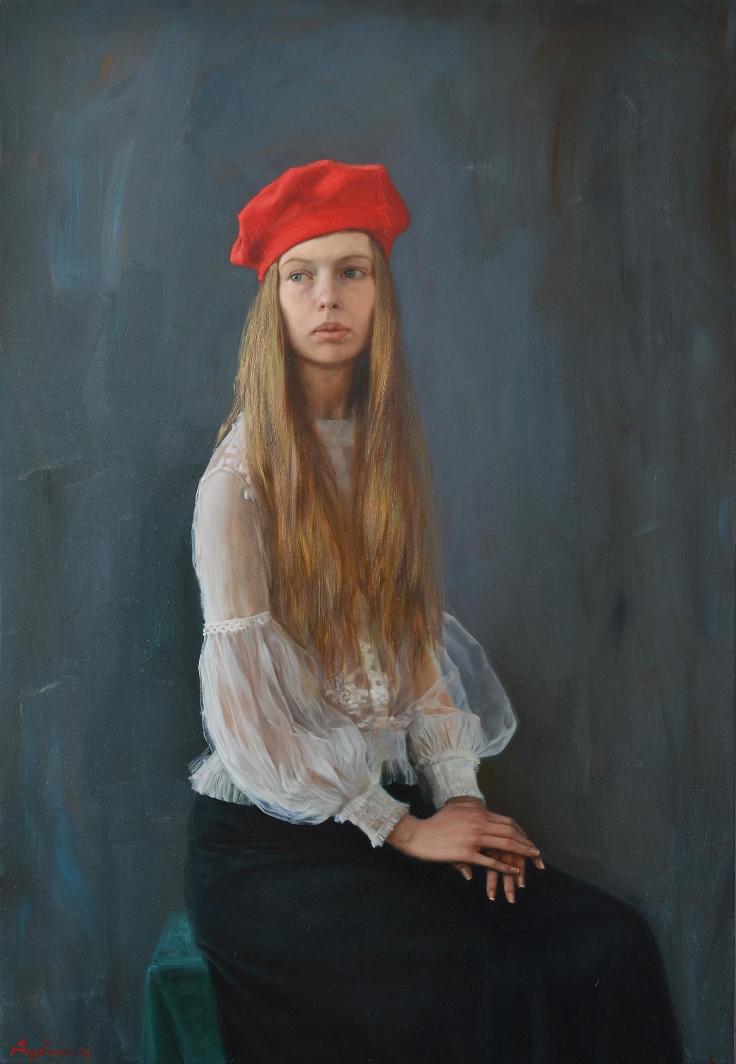 Girl in red beret. Original modern art painting