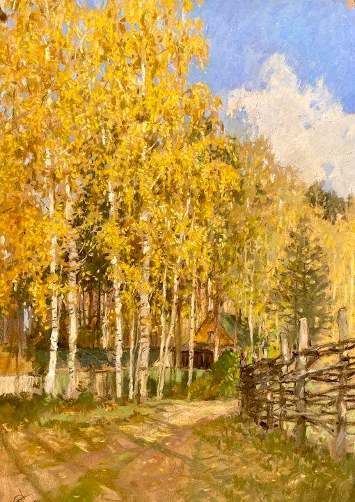 GOLDEN BIRCHES. Original modern art painting