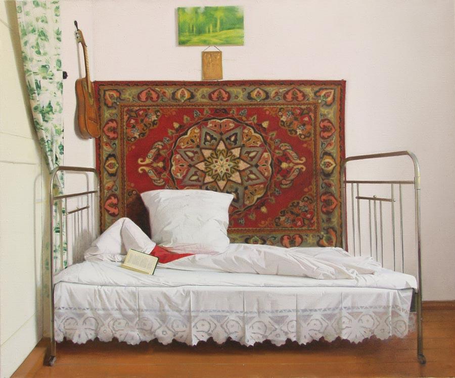 Unmade bed. Original modern art painting