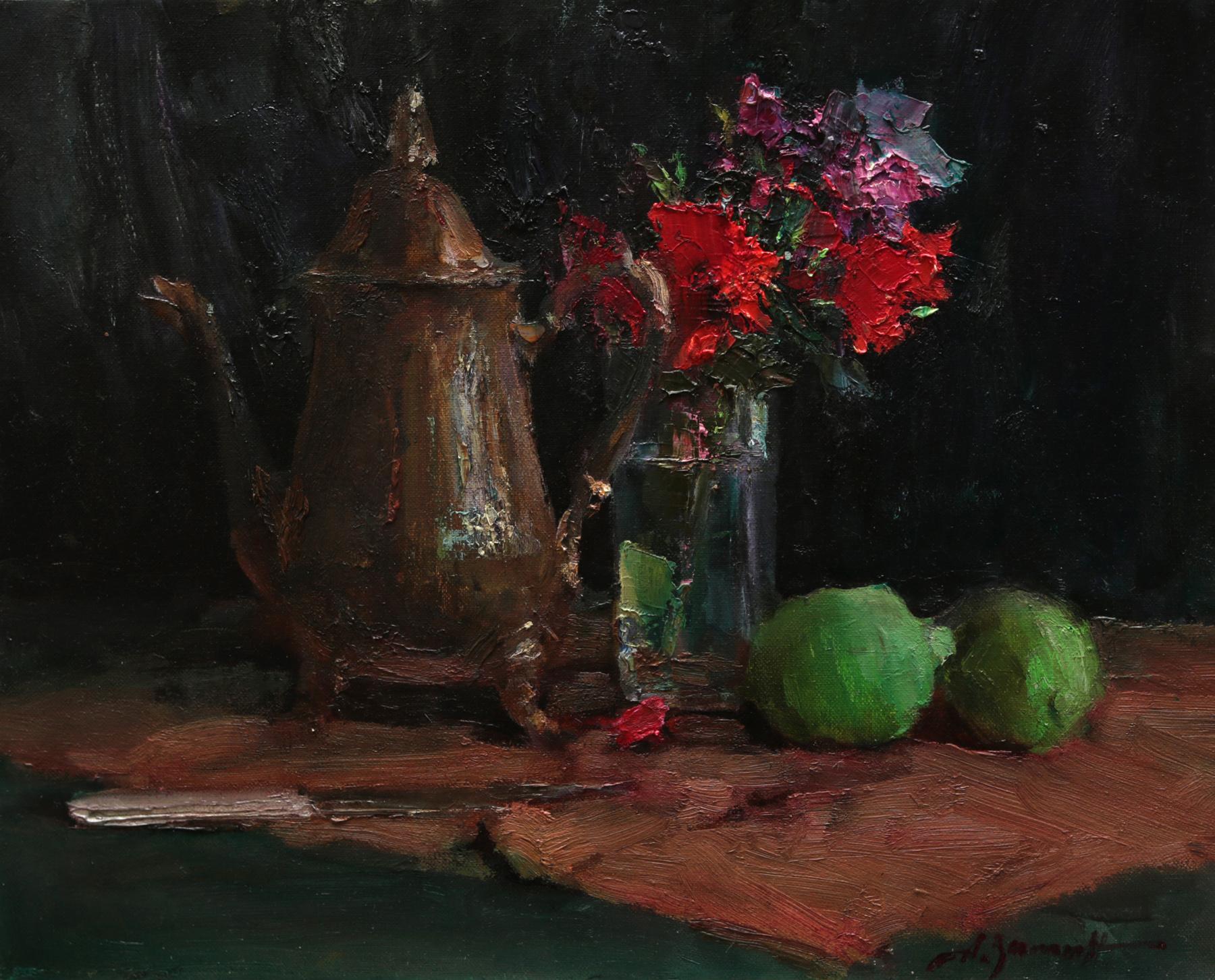Coffee pot and limes. Original modern art painting