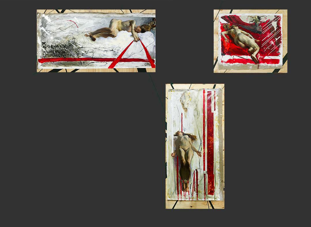 Triptych, 2022 I. Abandonment 50 × 112 cm II. Brokenness 50 × 60 cm III. Loneliness 100 × 42 cm. Original modern art painting