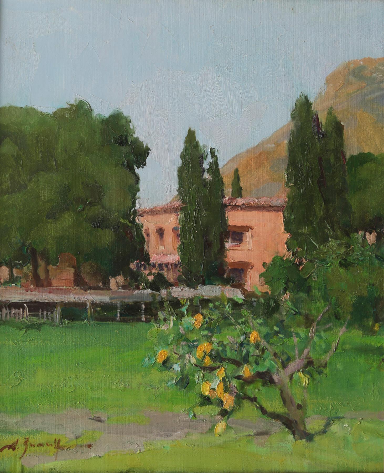 Landscape with lemon trees. Original modern art painting