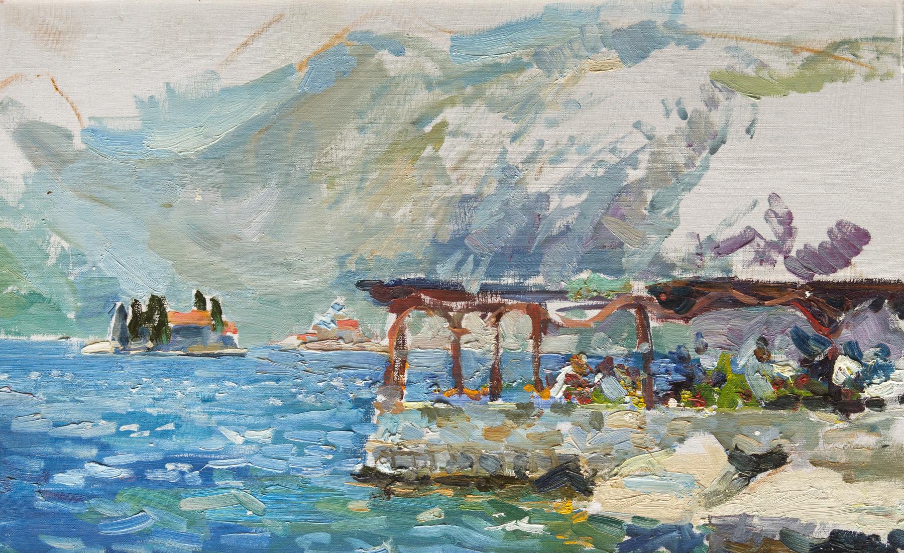 咖啡馆在Perast. Original modern art painting