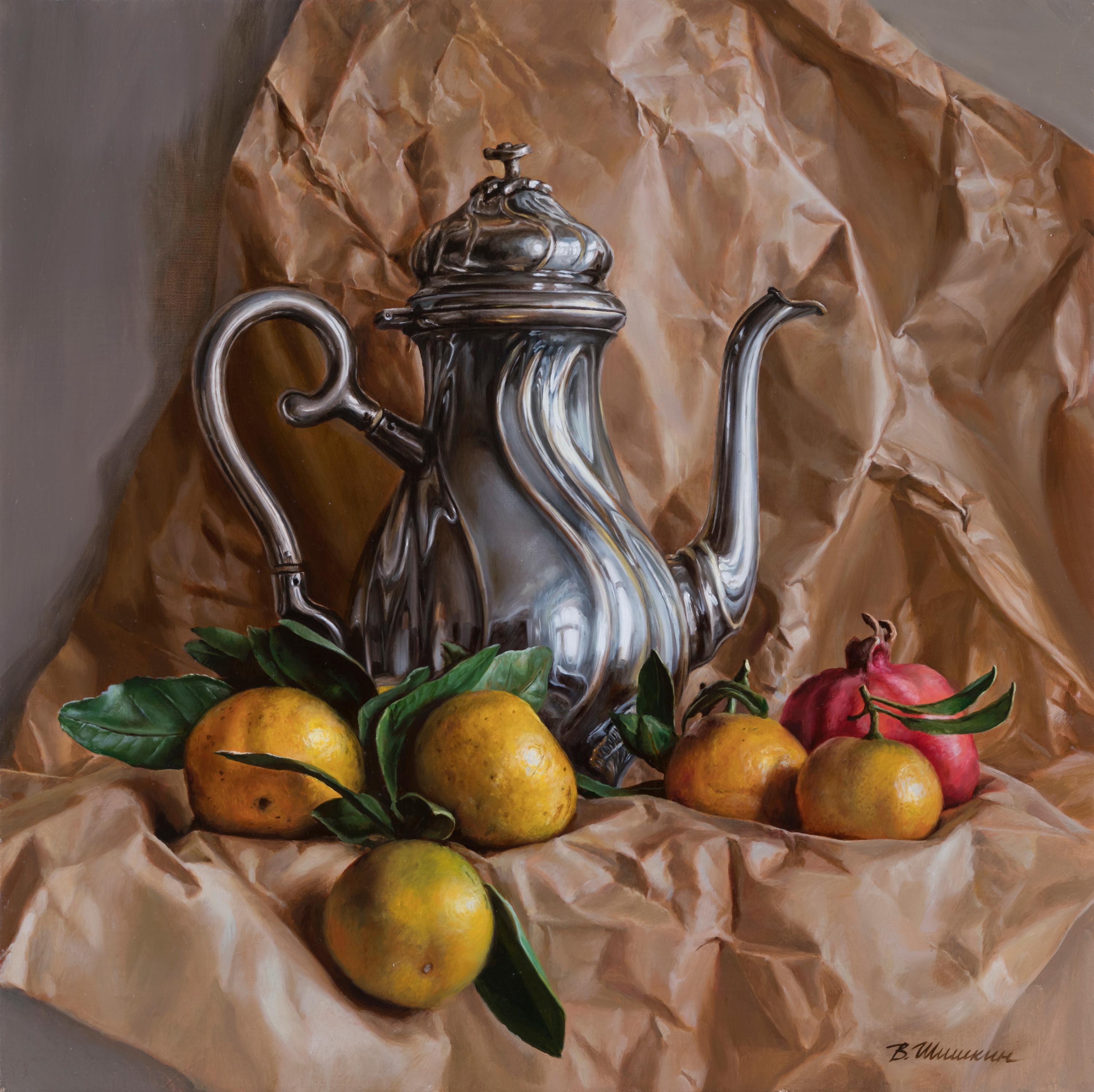 Kettle with tangerines. Original modern art painting