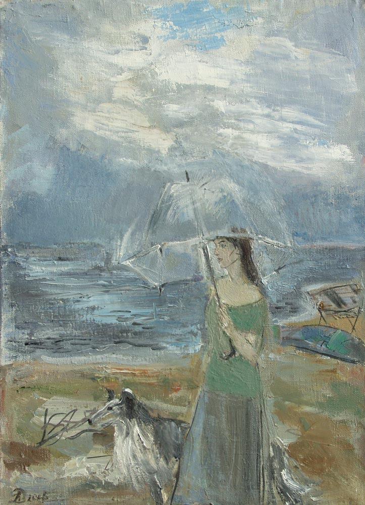 On the bay. Rain. Original modern art painting