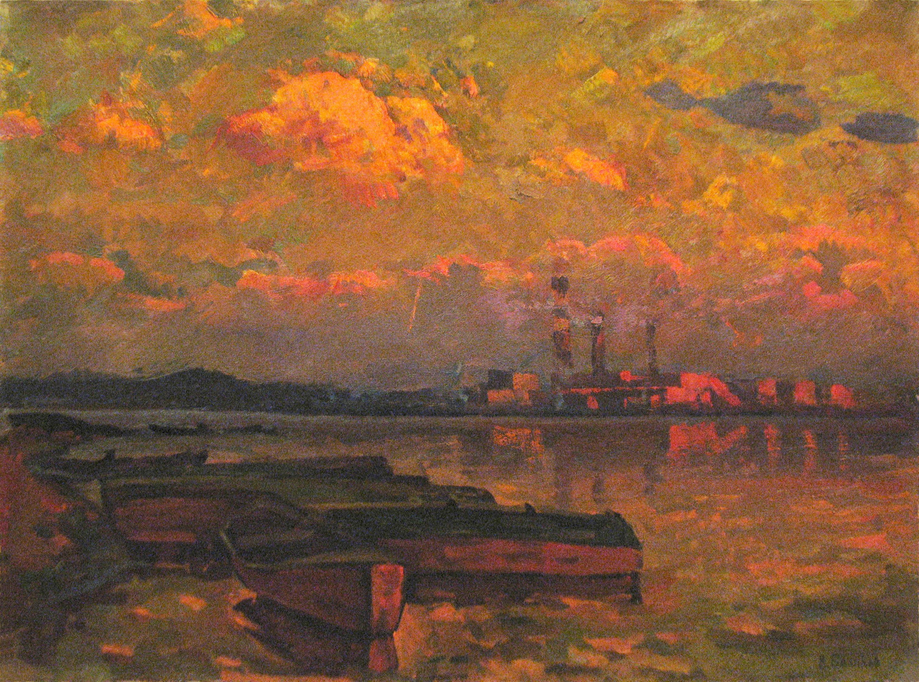 Evening on the river. Original modern art painting