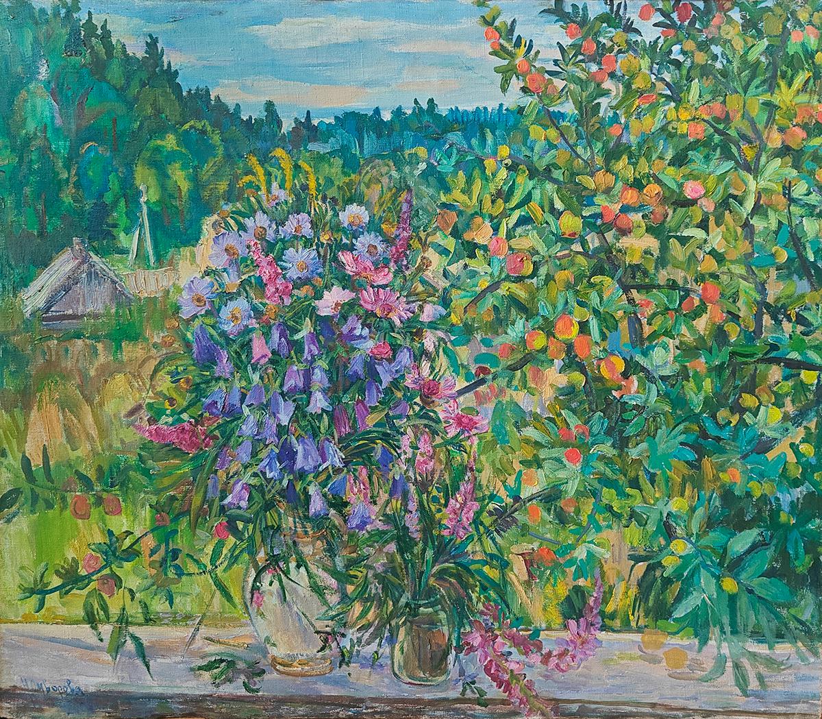 Осень, Букет цветов под яблоней 2001 г. Original modern art painting